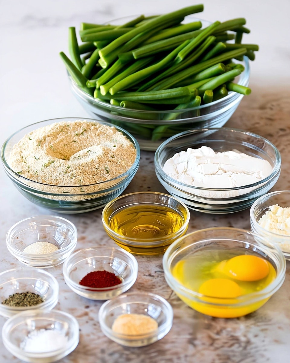 A clear glass bowl at the back is filled with a pile of fresh green beans, showing a smooth and vibrant green texture. In front of it, arranged side by side in clear glass bowls, there is a bowl with light tan breadcrumbs with tiny green specks, another bowl with white flour, and a bowl of golden olive oil that shines under the light. Next to these, a small clear glass bowl holds two raw eggs with bright yellow yolks visible. Surrounding these main bowls are small clear glass bowls of spices and seasonings: white powder, dark red paprika, black pepper, coarse white salt, and another beige powder. All are arranged neatly on a white marbled surface. Photo taken with an iphone --ar 4:5 --v 7