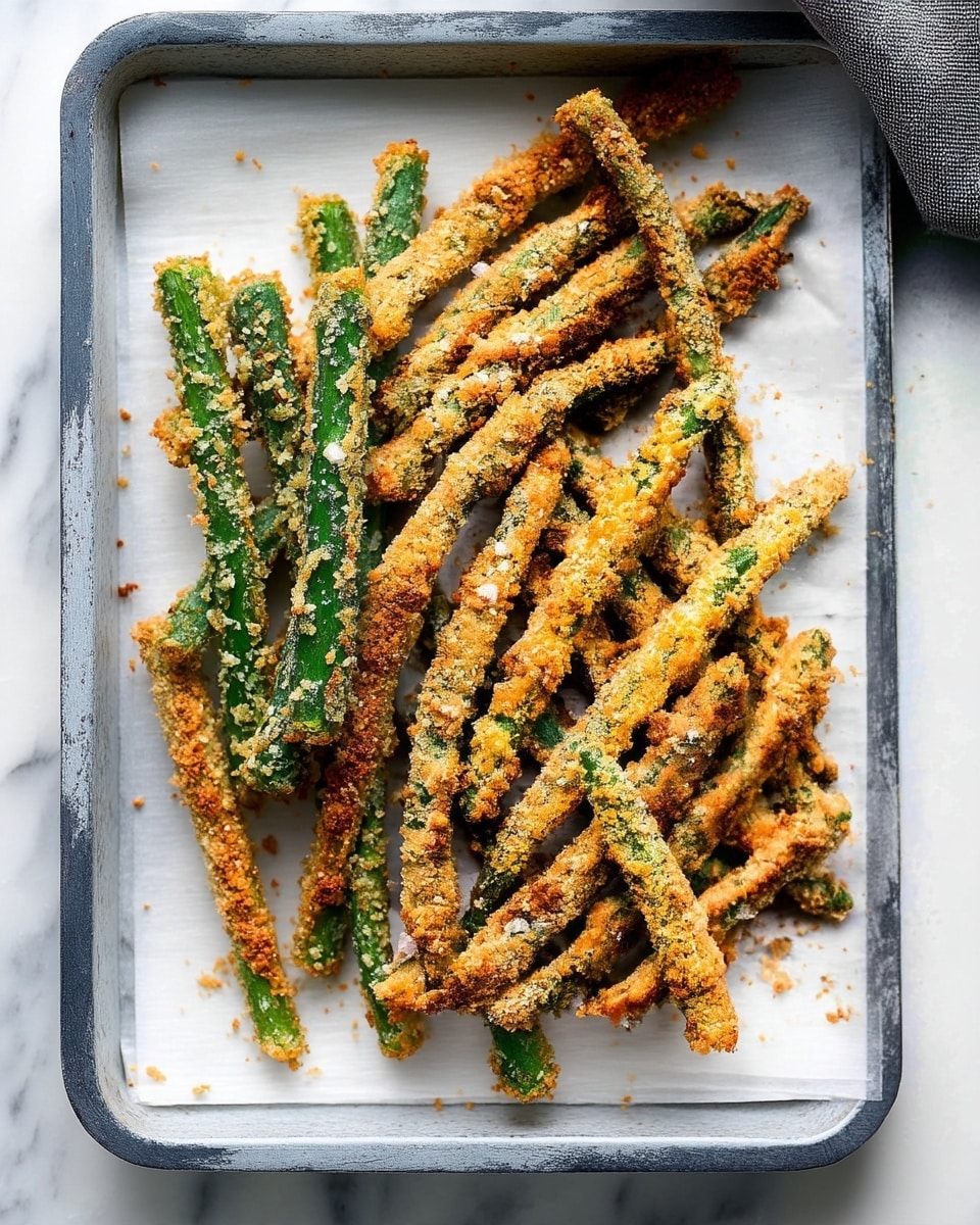 The image shows several green vegetable sticks arranged in a pile on a white parchment-lined tray. Each stick has a crunchy, golden brown, textured outer layer made up of breadcrumbs with visible small crumbs scattered around. The green vegetable is visible through parts of the coating, with some sticks displaying a slight darker roasted color from baking. The tray edges are made of metal with a slightly dark rim, and the background is a white marbled surface. photo taken with an iphone --ar 4:5 --v 7