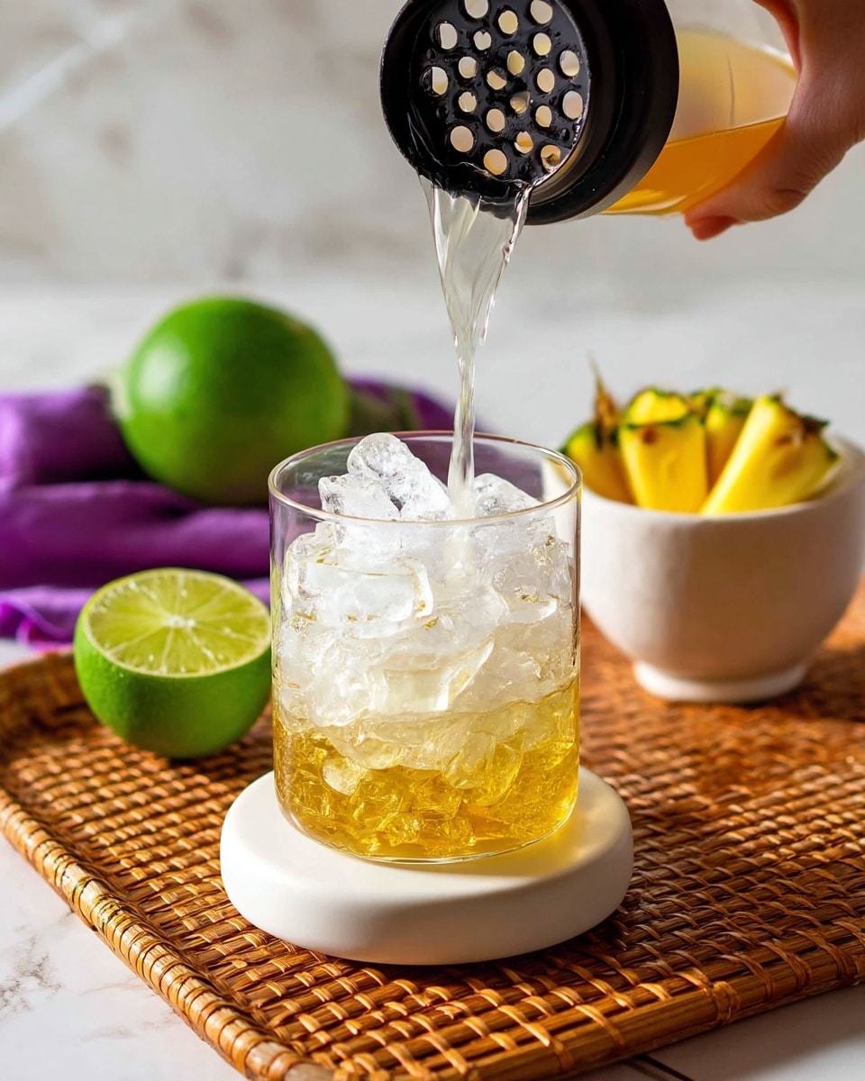A clear glass filled with large ice cubes sits in the center on a small white circular base, with pale yellow liquid being poured into it from a black and yellow strainer held by a woman's hand from the top left corner. Behind this glass, slightly blurred, is another glass filled with a golden drink and ice. To the right, a small white bowl holds a few small wedges of bright yellow pineapple with green edges. On the left, a green lime cut in half and a whole lime rest on a woven brown tray. A purple cloth lies casually on the left side beneath the limes. The background is a white marbled surface with soft lighting that gives the scene a fresh and inviting look. Photo taken with an iphone --ar 4:5 --v 7