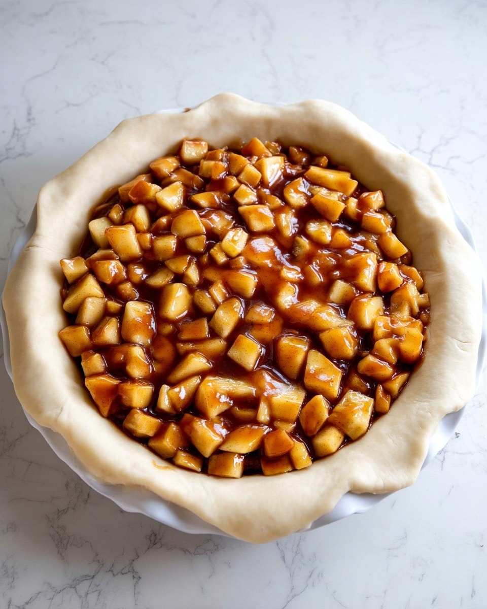 The image shows an unbaked apple pie with two visible layers. The bottom layer is a smooth, pale dough crust that forms a round base and edges that fold slightly outward. The top layer is a thick mix of small, uneven apple chunks coated in a shiny, brown cinnamon sauce that fills the center evenly, almost reaching the dough's edge. The pie sits on a white marbled surface. photo taken with an iphone --ar 4:5 --v 7