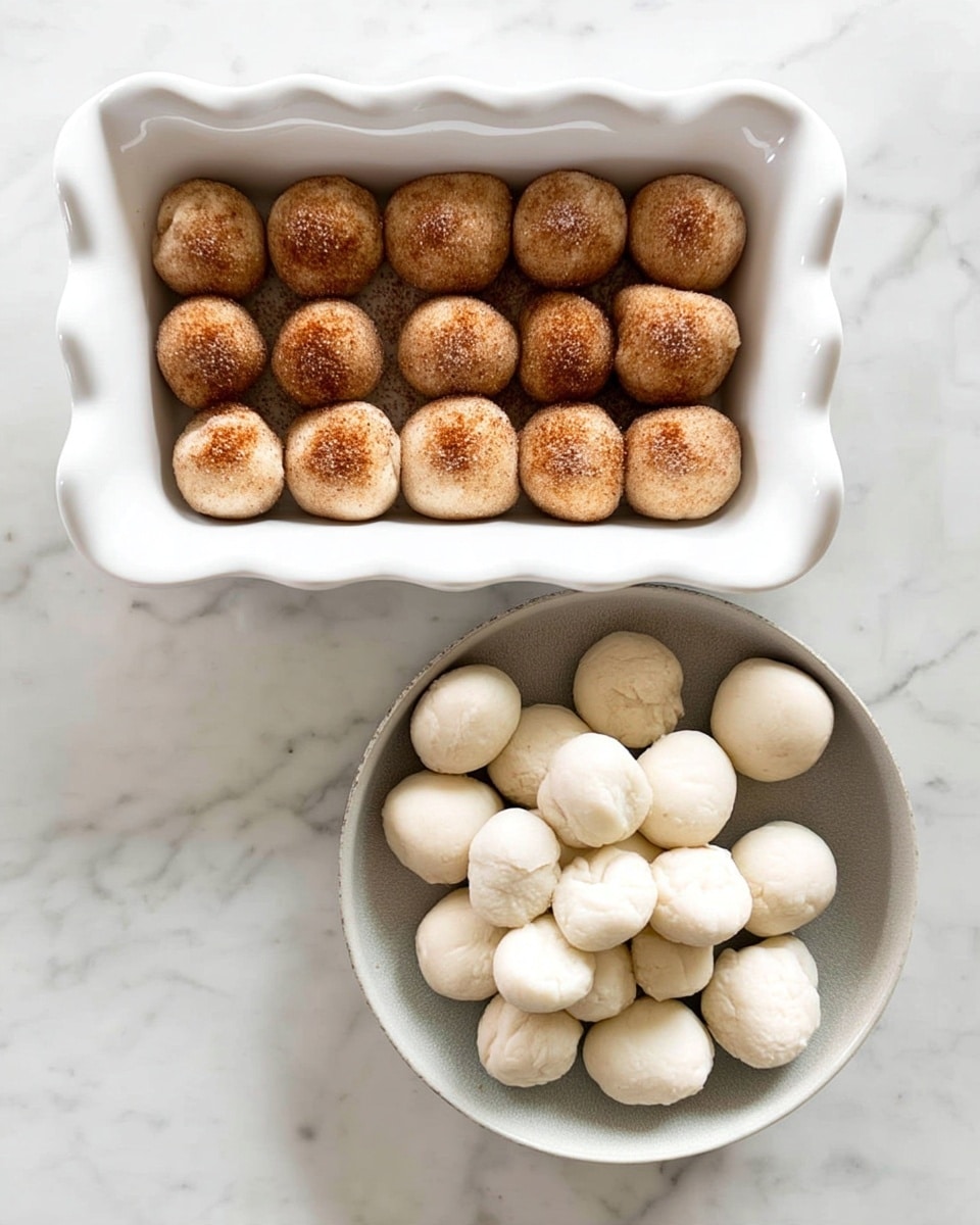 A white rectangular ceramic dish with wavy edges holds 14 small dough balls placed along the top, left, and bottom sides of the dish, forming a three-sided border with an empty space in the center and on the right. The dough balls are coated with a brown cinnamon sugar mixture, giving them a powdery, grainy texture. Below the dish, there is a white bowl filled with many plain white dough balls, smooth in texture and round in shape. Both items sit on a white marbled surface. Photo taken with an iphone --ar 4:5 --v 7