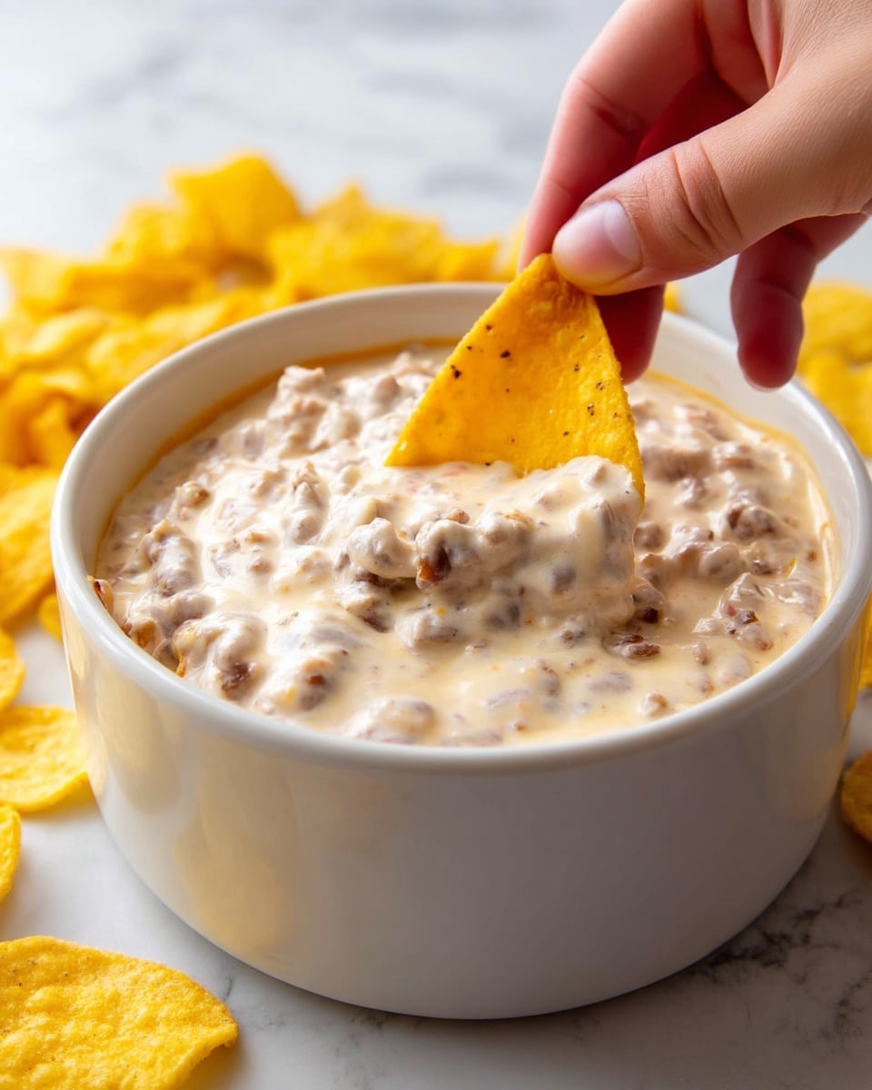 The image shows a close-up of a white pot filled with thick, creamy dip that has small brown bits mixed throughout. A yellow chip is being dipped into the smooth, light beige mixture by a woman's hand. The pot is placed on a white marbled surface, and there are more yellow chips around the pot. The texture of the dip looks soft and dense, and the pot has a slightly glossy finish. photo taken with an iphone --ar 4:5 --v 7