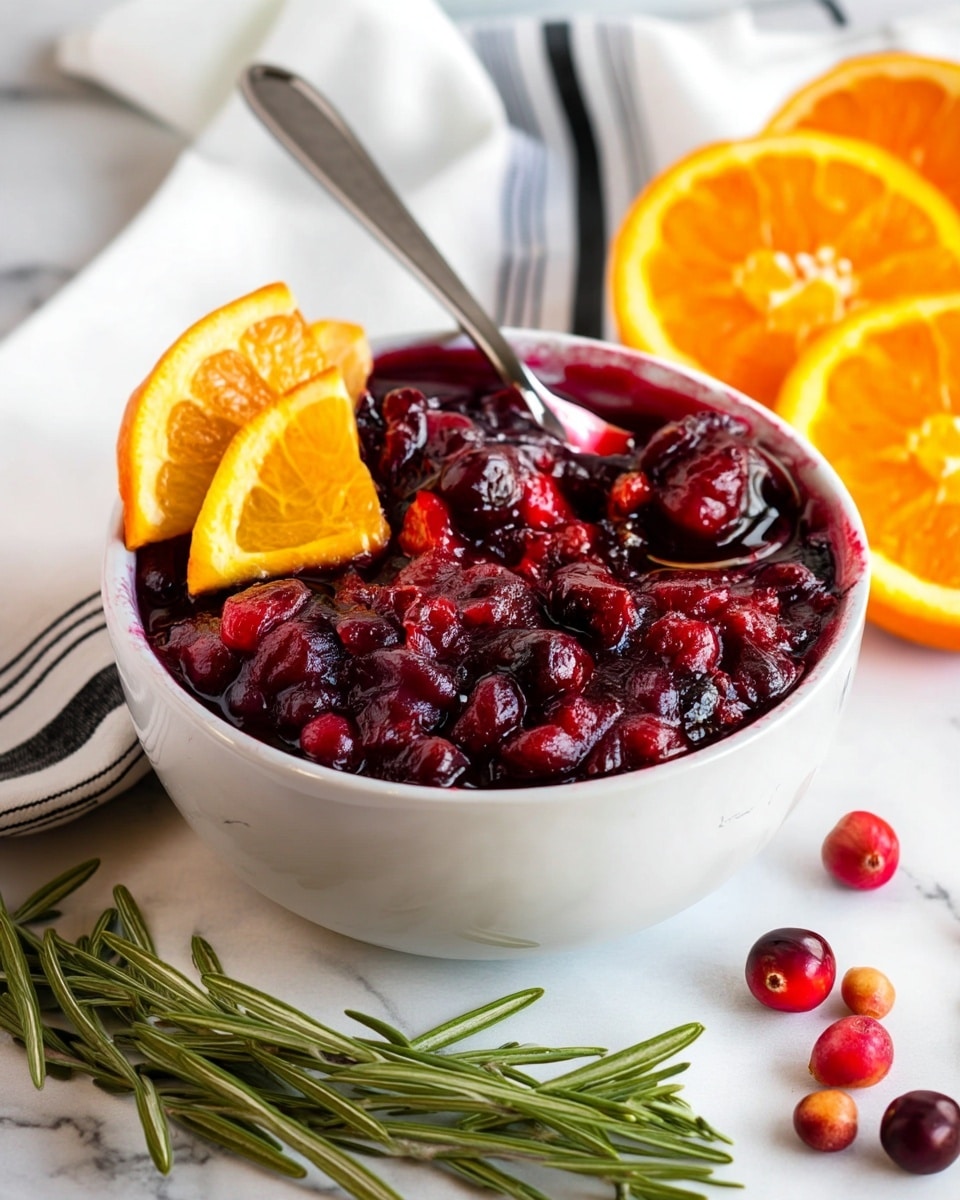 A white bowl filled with deep red cranberry sauce that looks thick and chunky, with whole cranberries visible throughout. On the left side of the bowl, two bright orange slices are placed on top of the sauce. A silver spoon is resting inside the bowl, leaning towards the back. The bowl sits on a white marbled surface with a white cloth that has black stripes folded behind it. In front of the bowl, a sprig of fresh green rosemary and a few scattered cranberries add extra color. Two vibrant orange slices rest behind the bowl. photo taken with an iphone --ar 4:5 --v 7