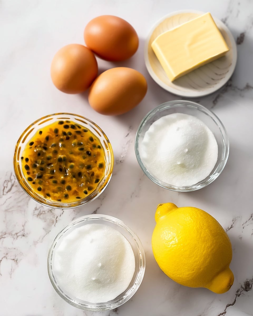 The image shows six ingredients placed on a white marbled surface: four brown eggs grouped together on the left side, a small white bowl with a block of pale yellow butter positioned to the right, a whole bright yellow lemon near the bottom right, a clear glass bowl filled with white granulated sugar near the bottom left, and a clear glass bowl containing a golden yellow passion fruit pulp with dark seeds at the top center. The composition is clean and bright with soft natural light. Photo taken with an iphone --ar 4:5 --v 7
