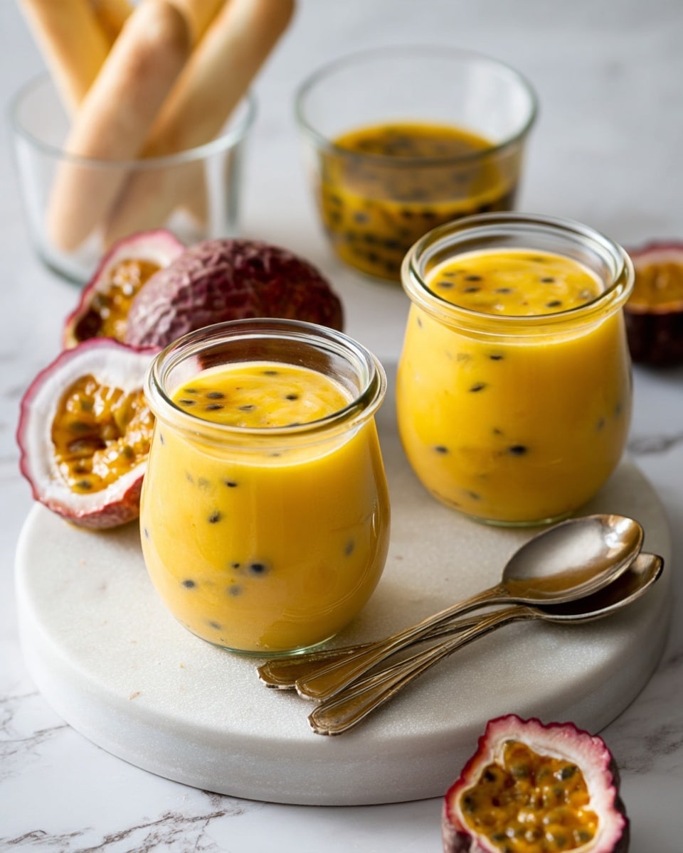 Two small glass jars filled with yellow passion fruit mousse, dotted with black passion fruit seeds, sit on a round white marble board in the center. Around the jars, there are two halves of passion fruit showing bright yellow pulp and seeds inside a rough reddish-purple shell. In the background, a clear glass with bread sticks and another small glass container with whole passion fruit pulp add depth to the scene. Two vintage silver spoons lie on the board in the foreground. The whole setup is on a white marbled surface, with soft natural light brightening the image. Photo taken with an iphone --ar 4:5 --v 7