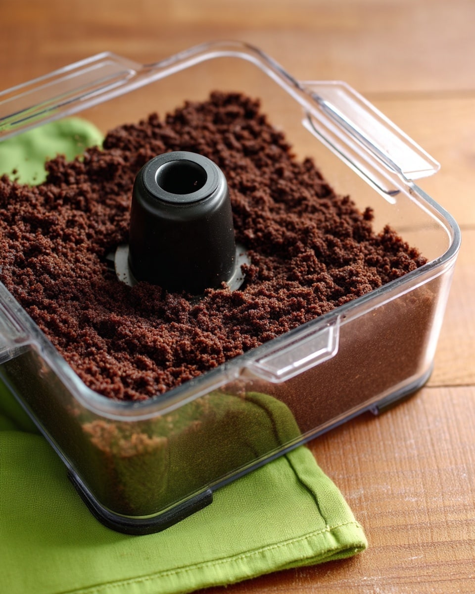 A clear plastic food processor bowl with a black central piece holds a single dark brown, crumbly layer of crushed cookies or chocolate crumbs that cover the bottom evenly. Next to it, there is a clear rectangular glass dish filled with a thick even layer of the same dark brown crumbly mixture spread across the surface. A green fabric napkin is partially under the food processor, all placed on a wooden surface. photo taken with an iphone --ar 4:5 --v 7