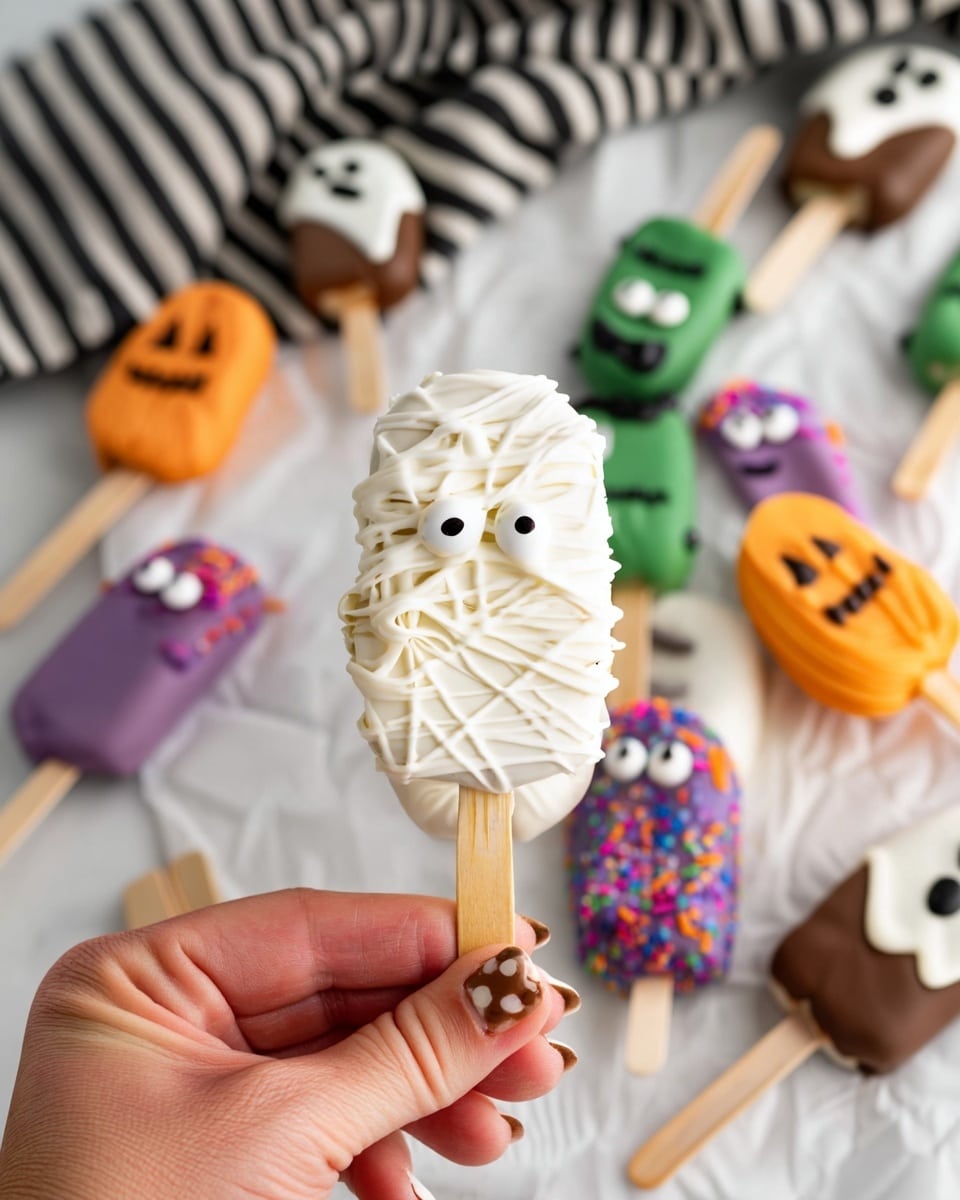 A close-up of a woman's hand holding a popsicle shaped like a mummy, wrapped in layers of white frosting strands with two white candy eyes, on a wooden stick. In the background, there are several more popsicles laid out on white parchment paper over a white marbled surface, including a pumpkin-shaped orange one with black details, green Frankenstein-like figures with white eyes and black mouth lines, purple ones with candy eyes and colorful sprinkles, and ghost shapes with white and brown frosting and black eyes and mouth. A black and white striped cloth is also visible in the upper part of the image. The scene is bright and focused on the mummy popsicle, with other popsicles softly blurred. photo taken with an iphone --ar 4:5 --v 7