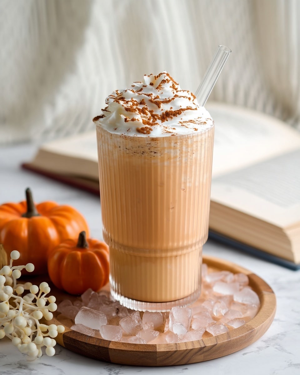 A tall clear glass with vertical ridges holds a creamy light orange drink filling about three-quarters of the glass. On top, there is a thick layer of white whipped cream sprinkled with brown cinnamon powder. A clear straw is placed at the back right side of the glass. The glass sits on a wooden round tray, surrounded by small crushed ice pieces. To the left, white decorative berries and two small orange pumpkins are visible. In the background, a book lays open against a soft cream-colored blanket, all on a white marbled surface. photo taken with an iphone --ar 4:5 --v 7