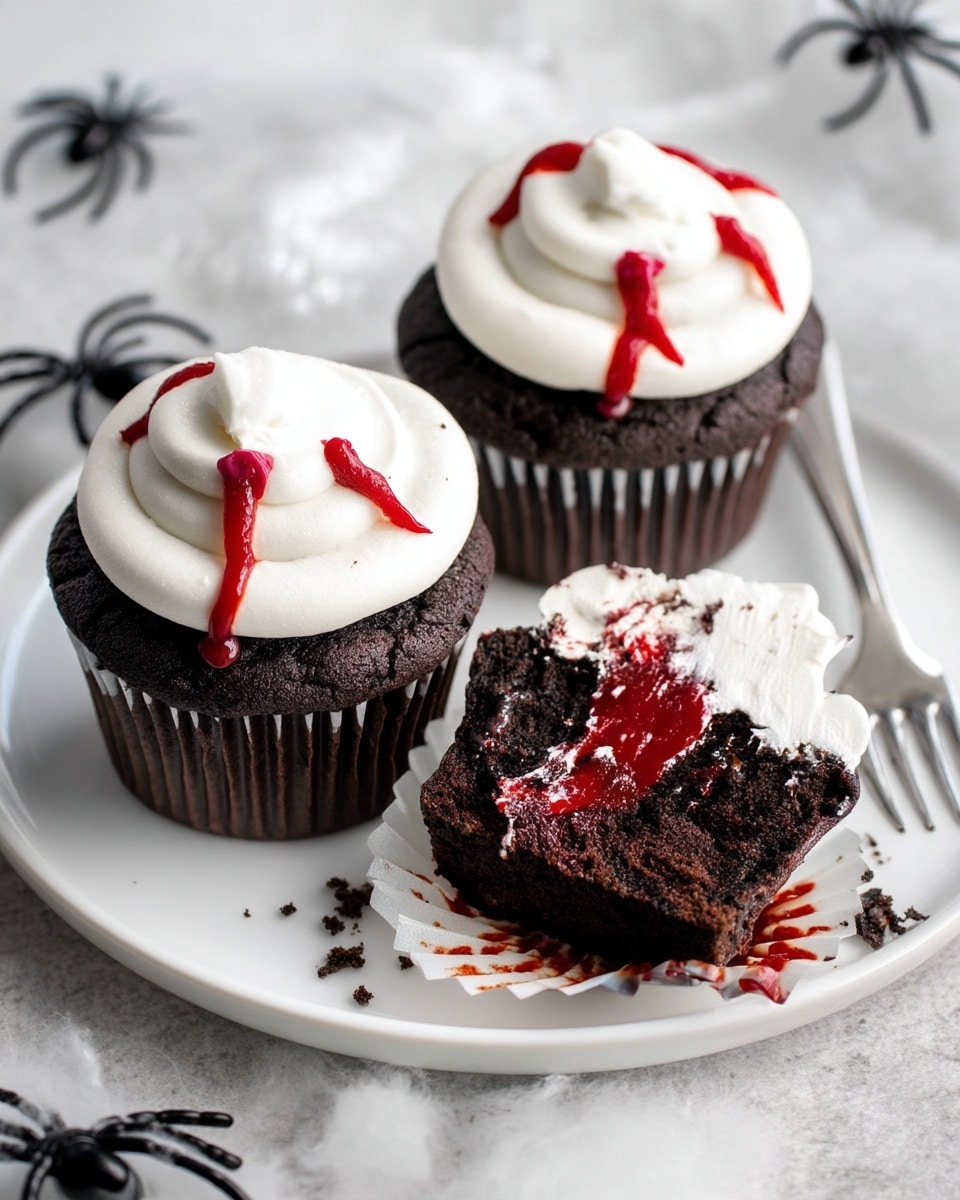 Three dark chocolate cupcakes with smooth white frosting swirl on top are placed on a white plate over a white marbled surface. Each cupcake has two small streaks of red sauce dripping down the frosting, resembling blood. One cupcake is cut in half showing three layers: a dark moist cake base, a thick layer of bright red sauce, and a top layer of fluffy white frosting. Small cake crumbs are scattered near the cut cupcake. Around the plate are artificial black spiders and white web decorations adding a spooky look. photo taken with an iphone --ar 4:5 --v 7
