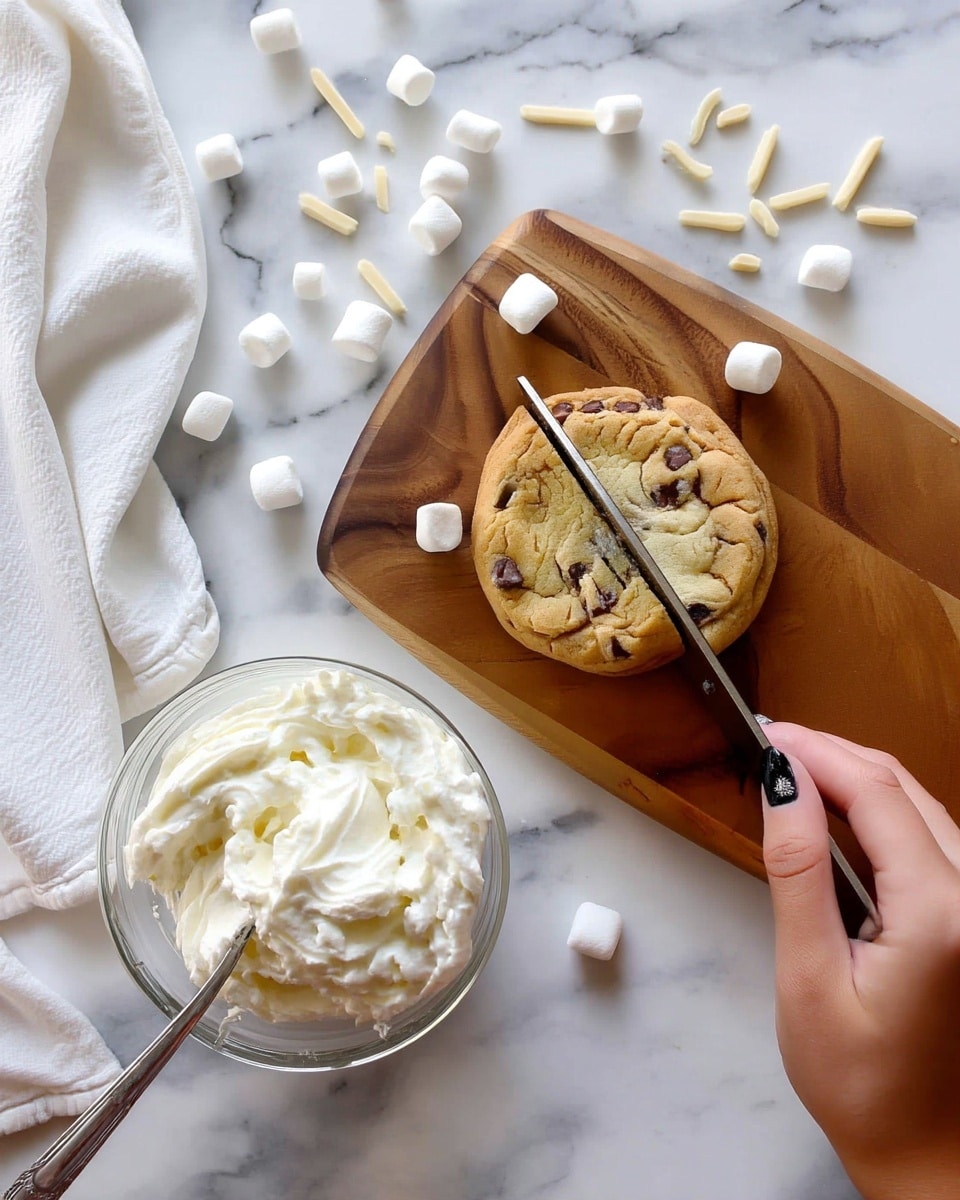 A wooden board holds a round chocolate chip cookie that is being sliced in half by a knife held by a woman's hand with black nail polish. Below the board, on a white marbled surface, there is a clear glass bowl filled with white whipped cream, with a spoon sticking out of it. Around the scene are scattered mini white marshmallows and thin white strips, possibly white chocolate or candy. A white cloth is draped on the left side of the image. Photo taken with an iphone --ar 4:5 --v 7