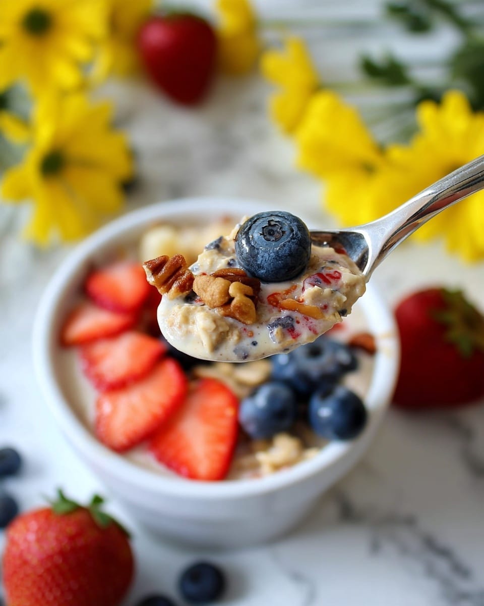 A white spoon holds a close-up scoop of creamy oatmeal topped with a shiny deep blue blueberry and small pieces of crunchy light brown nuts. Below, a white bowl filled with oatmeal shows three layers: a bottom creamy beige oatmeal base, a middle layer of finely chopped light brown nuts scattered evenly, and a top layer with clusters of bright red strawberry slices and fresh dark blue blueberries. The background is a white marbled surface with blurred bright yellow flowers and some scattered blueberries, creating a fresh and bright setting. photo taken with an iphone --ar 4:5 --v 7
