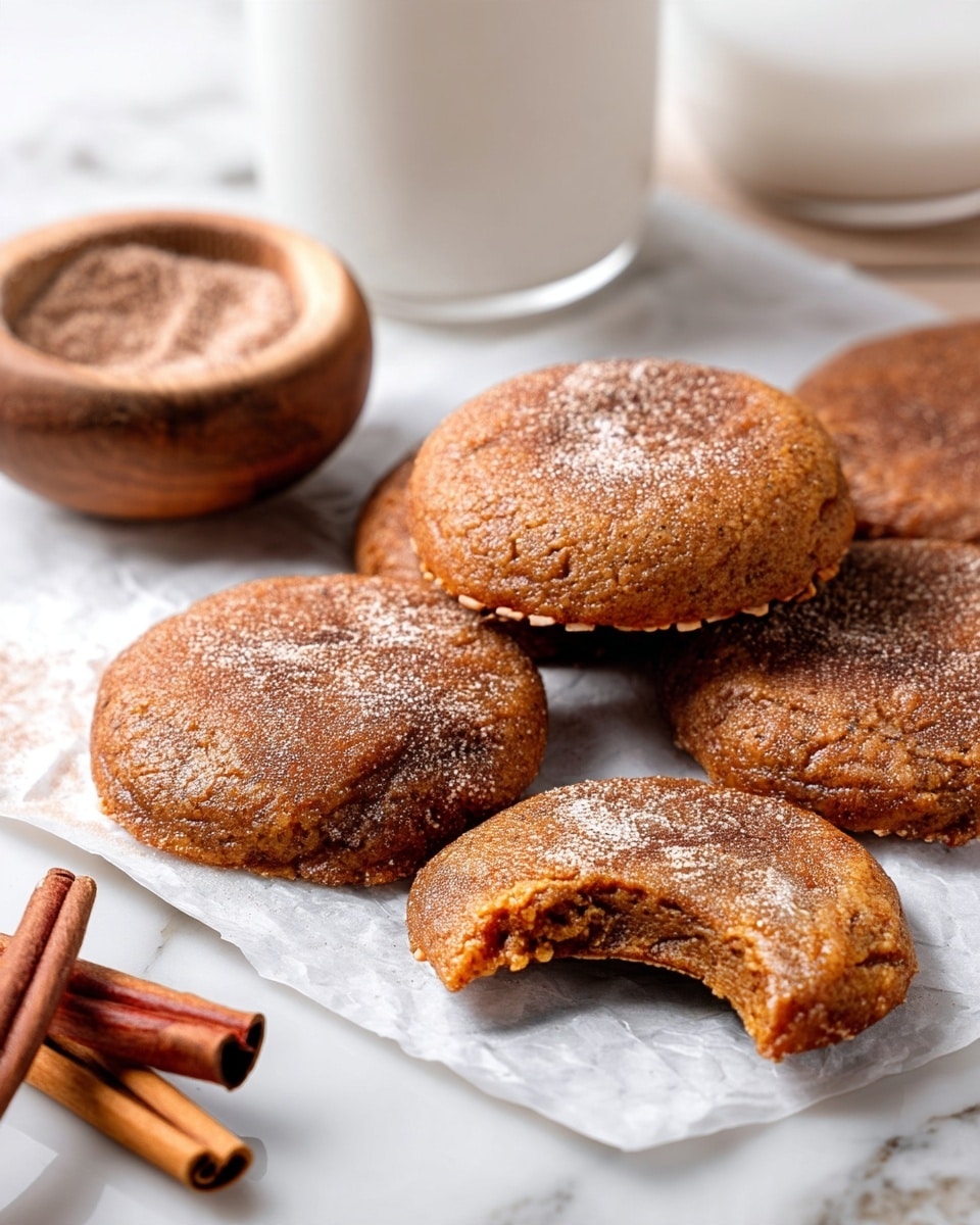 The image shows a group of round, brown cookies with a slightly rough and soft texture, each topped with a light dusting of sugar or cinnamon powder. One cookie in the foreground has a bite taken out, revealing its dense, spongy inside. The cookies are placed on white parchment paper on a white marbled surface, with some cinnamon sticks and a small wooden bowl filled with cinnamon powder on the left side. A glass of milk is partially visible in the top left corner, blurred in the background. photo taken with an iphone --ar 4:5 --v 7