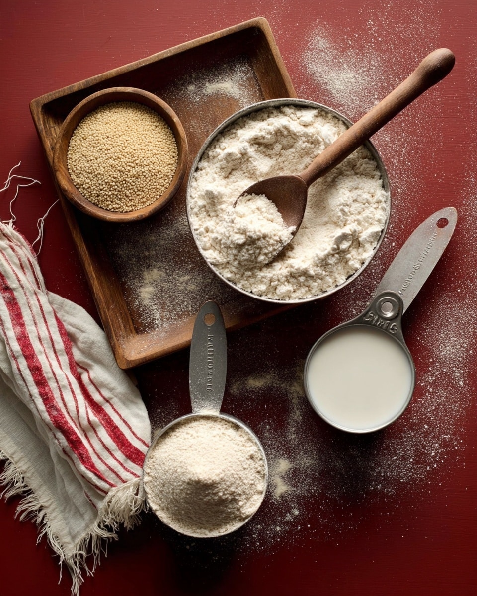 The image shows a dark reddish-brown surface lightly dusted with white flour. On the left side, there is a wooden tray holding a small wooden bowl filled with beige yeast grains. Above, a wooden spoon with some flour rests on the surface. Below the spoon, there is a metal measuring cup overflowing with light beige flour. To the right of this is a metal measuring cup filled with white liquid, likely milk. Near the bottom center, another metal measuring cup is filled with flour, with some flour scattered around it on the surface. A frayed white cloth with a red stripe is partially visible on the bottom left corner. The whole scene is simple and rustic. photo taken with an iphone --ar 4:5 --v 7