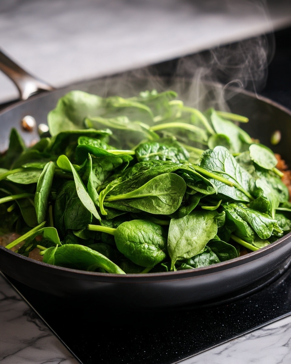A black pan filled with bright green fresh spinach leaves piled up on top. Below the spinach, there is a light brown cooked mixture, partially visible at the edges of the spinach layer. Some steam rises from the pan, indicating the food is hot. The pan is set on a dark stovetop with a white marbled surface around it. photo taken with an iphone --ar 4:5 --v 7