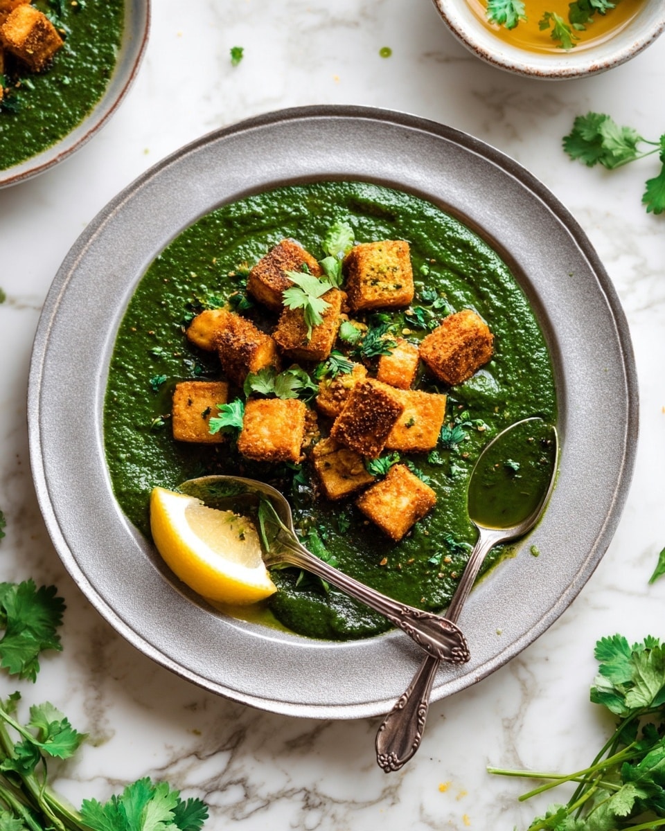 A grey round plate on a white marbled surface holds a dish with two visible layers: a bottom layer of thick, textured green sauce spread evenly across the plate, topped with a layer of golden brown fried tofu cubes scattered in the center. Bright green cilantro leaves are sprinkled over the tofu, adding contrast. A lemon wedge sits near the bottom edge of the plate next to a silver spoon resting on the plate. Partial views of other dishes and green herbs are visible on the side, all on the white marbled surface. photo taken with an iphone --ar 4:5 --v 7