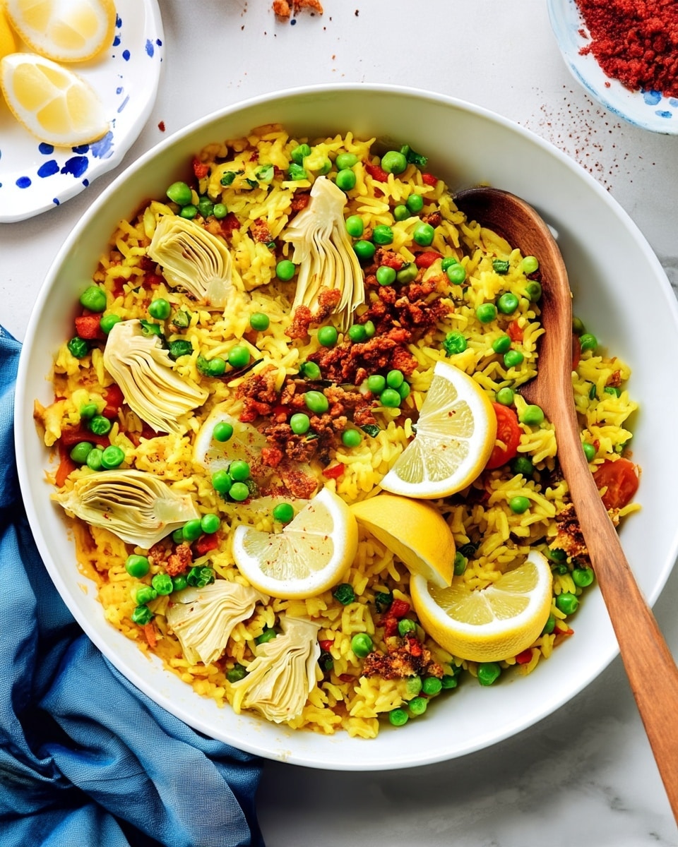Easy Vegan Paella with Artichokes, Tomatoes, and Peas Recipe