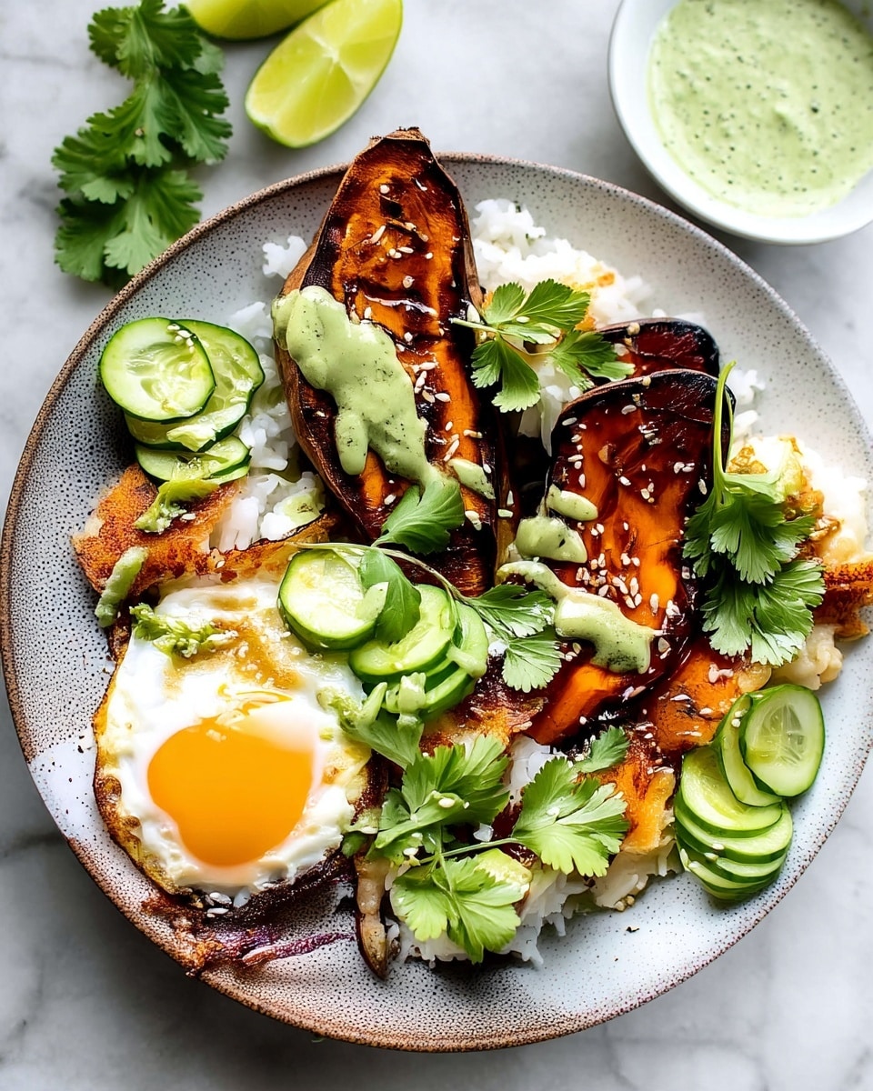 Crispy Rice Bowl with Browned Butter Sweet Potatoes and Herby Green Tahini Recipe
