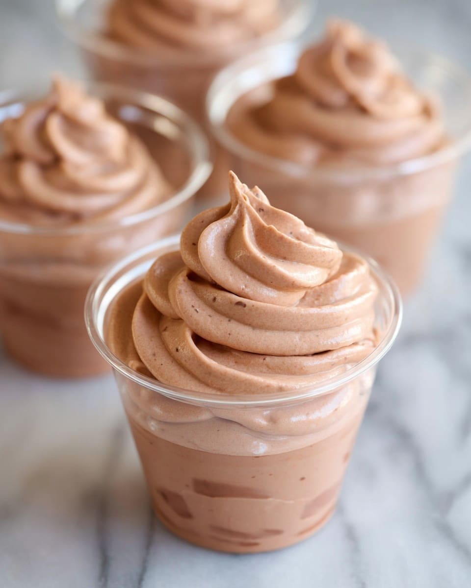 A clear plastic cup filled with three layers of light brown soft mousse, each layer smooth with some small air bubbles visible, the mousse having a creamy and fluffy texture that slightly rises above the rim of the cup. The cup sits on a white marbled surface, and in the background, there are more cups filled with the same mousse, blurred out and showing a similar light brown color and fluffy texture. The light is soft and natural, highlighting the smooth swirls and peaks on top of the mousse. photo taken with an iphone --ar 4:5 --v 7