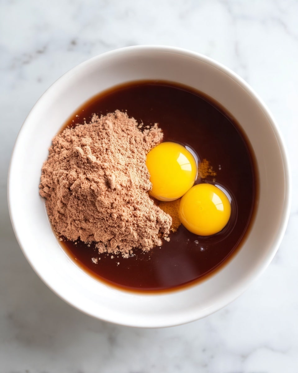 A white bowl sits on a white marbled surface, holding a mixture of dark brown liquid that fills most of the bowl's bottom. In the center, there is a mound of light brown powder, and to the right of the powder, two bright yellow egg yolks rest side by side, partially surrounded by clear egg whites. The texture of the brown liquid is smooth, while the powder looks dry and slightly crumbly. Photo taken with an iphone --ar 4:5 --v 7