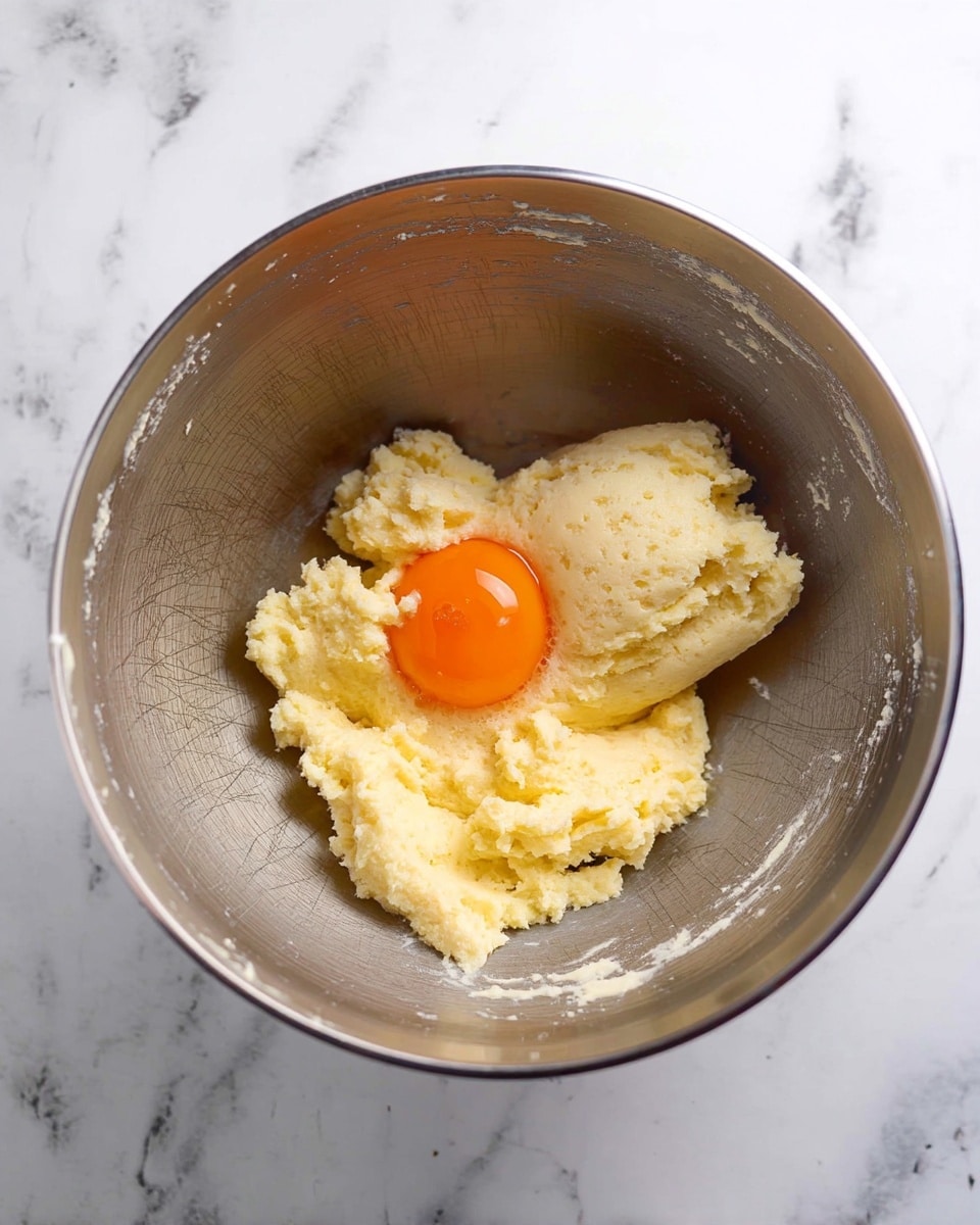 Inside a large steel mixing bowl, there are three main elements: at the base, a creamy, pale yellow mixture with a soft, slightly grainy texture, arranged unevenly around the bottom; in the center, a raw egg yolk with a bright, glossy orange-yellow surface sitting on top of the creamy mix; the bowl itself shows scratches and some remnants of the creamy mixture on its sides, giving a sense of preparation in progress. The bowl is placed on a white marbled textured surface. photo taken with an iphone --ar 4:5 --v 7