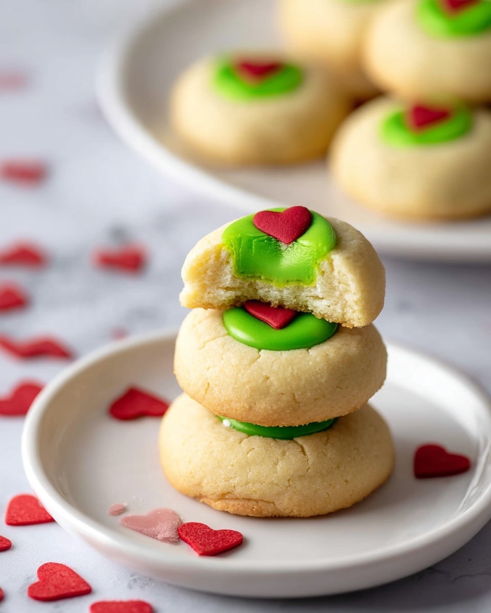 The image shows three round cookies stacked on a white plate set on a white marbled surface. Each cookie has a light golden color with a smooth texture and a small round green frosting layer on top. On the green frosting, there is a small red heart-shaped decoration centered. The top cookie is broken to show its soft inside texture with the green frosting and red heart decoration still visible on it. In the background, there is a white plate with more of the same cookies slightly blurred. Scattered around the plate are tiny red heart decorations matching the ones on the cookies. Photo taken with an iphone --ar 4:5 --v 7