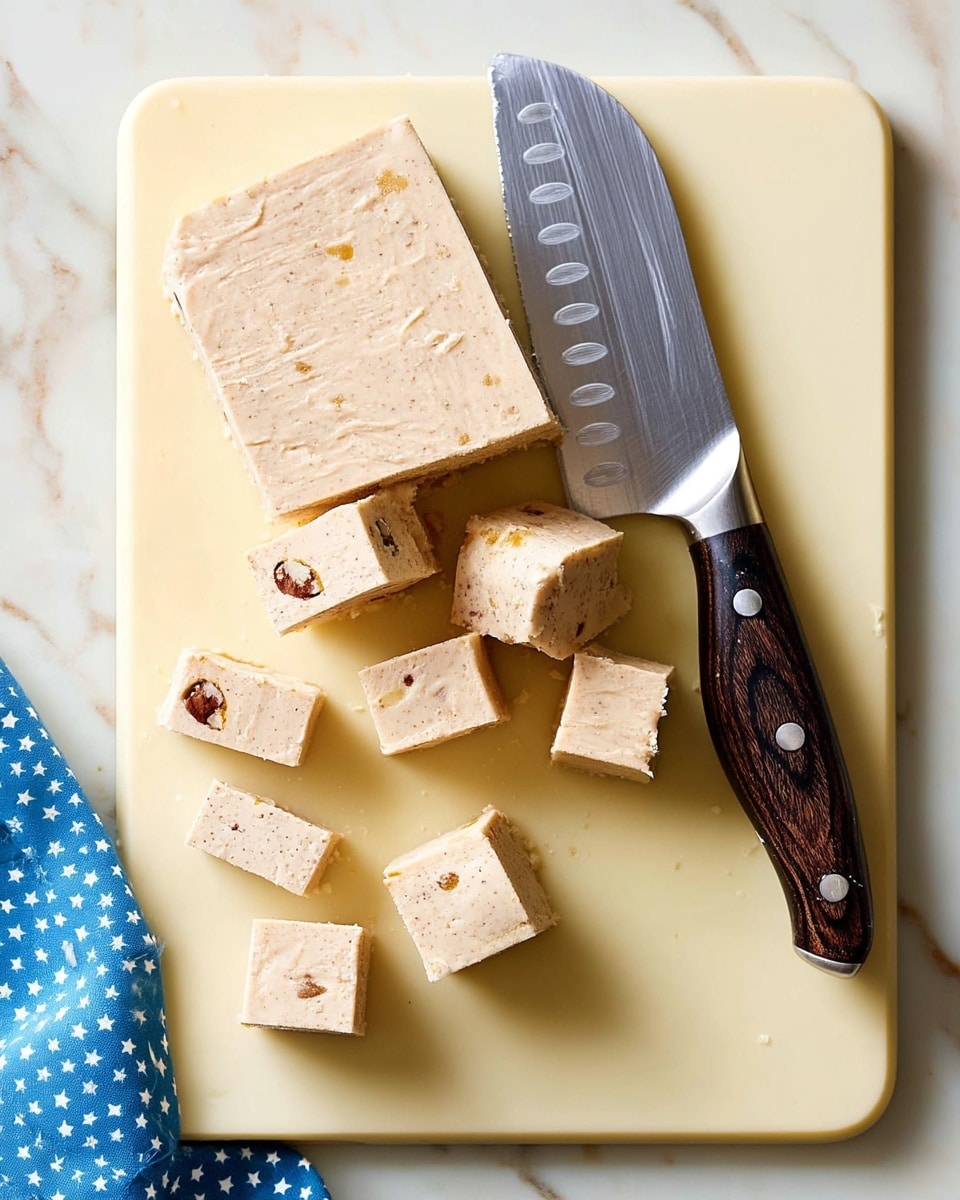 The image shows a light beige fudge slab with small darker bits inside, placed on a pale yellow cutting board. The slab occupies the bottom third of the board, and several small square pieces have been cut from it and are spread around the board. A large kitchen knife with a dark wooden handle and a shiny silver blade rests on the right side of the cutting board, partially touching some of the fudge pieces. The scene is set on a white marbled surface with part of a blue cloth with white stars visible in the bottom left corner. photo taken with an iphone --ar 4:5 --v 7