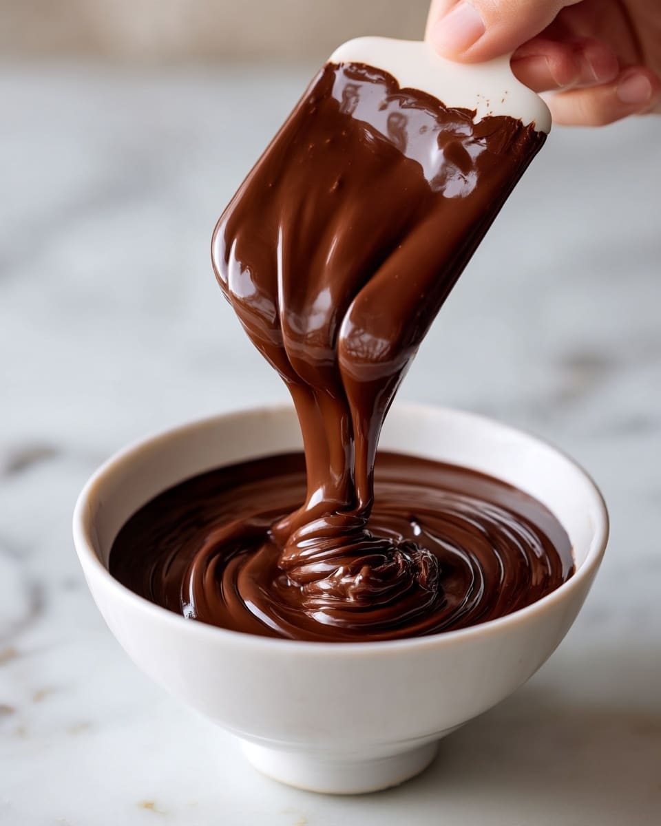 A close-up image showing smooth, shiny, dark brown chocolate being poured from a white spatula into a white bowl. The chocolate forms thick, glossy waves as it piles in the bowl, creating a rich texture. The background surface is a white marbled texture, adding a clean and simple contrast to the deep chocolate. A woman's hand holds the spatula, partially covered with melted chocolate, focusing on the flow and texture of the chocolate. Photo taken with an iphone --ar 4:5 --v 7