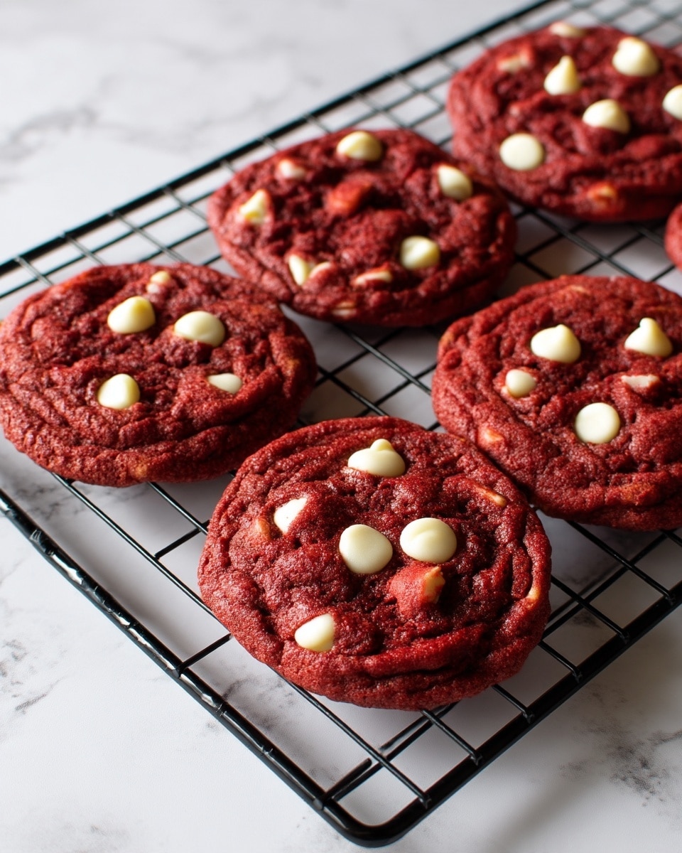 A close-up view of several red velvet cookies with white chips, arranged in a loose cluster on a black cooling rack. Each cookie is round with a slightly cracked, soft texture and deep reddish-brown color, dotted with creamy white chips that add a smooth contrast. The black metal rack sits on a white marbled surface, creating a clean and bright background that highlights the rich color and texture of the cookies. Photo taken with an iphone --ar 4:5 --v 7