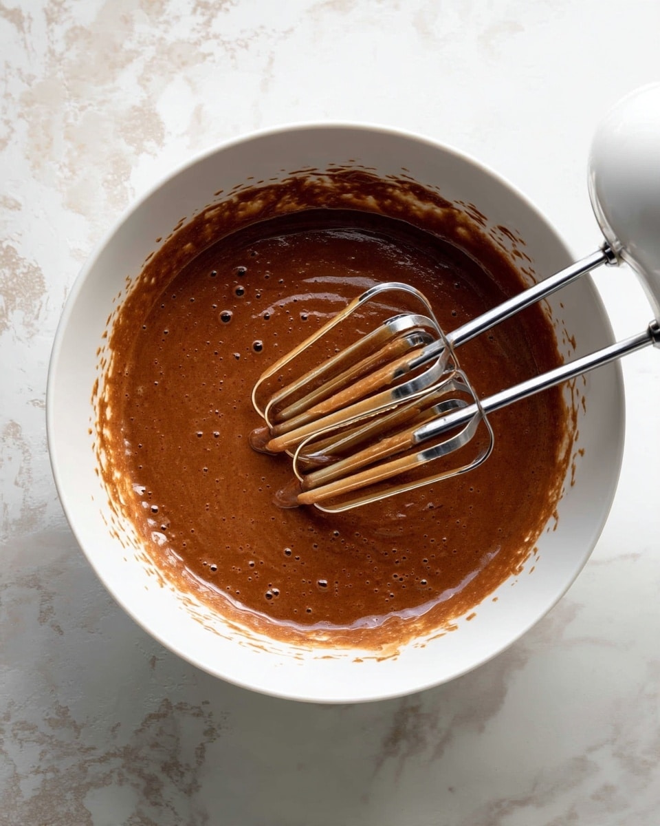 A white mixing bowl filled with smooth, thick chocolate batter that is evenly mixed, showing a glossy, rich brown color with small air bubbles on the surface. Two metal beaters from a white electric mixer rest inside the bowl, partially covered with the chocolate batter. The bowl is placed on a white marbled surface that adds a subtle textured background to the image. photo taken with an iphone --ar 4:5 --v 7