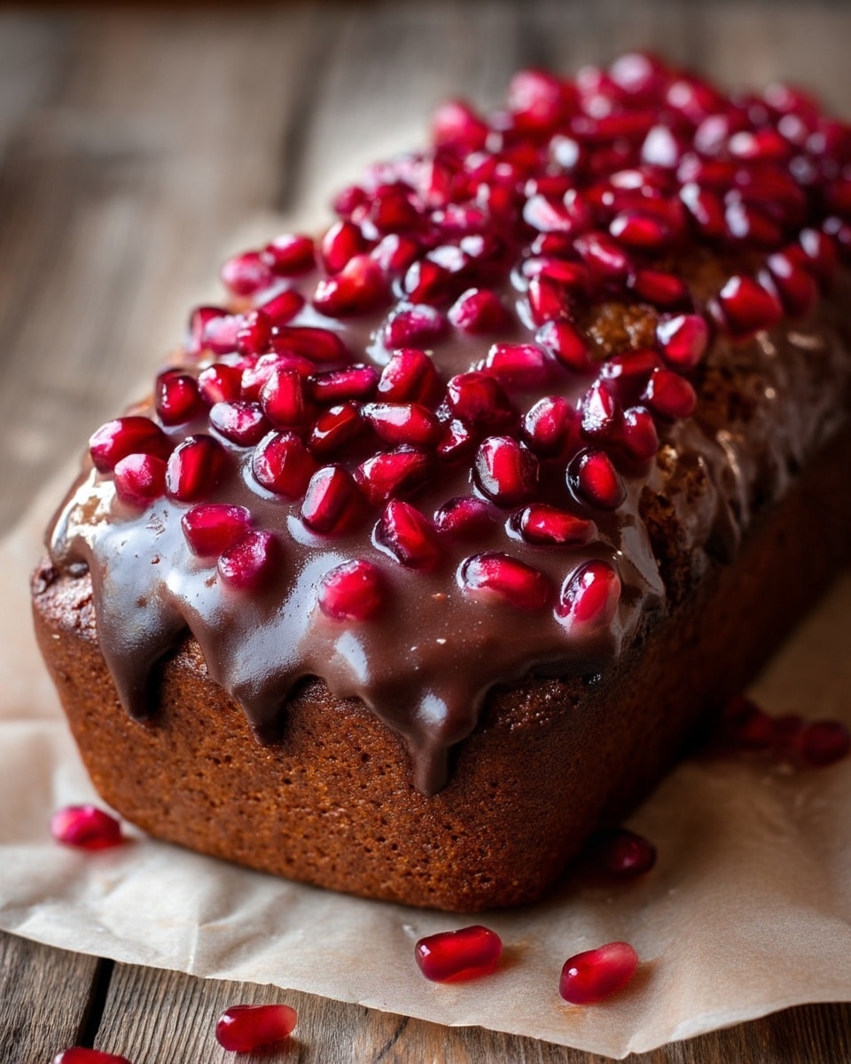 A rectangular cake with a brown baked texture is placed on a sheet of parchment paper. The top layer is covered with a shiny, smooth chocolate glaze that slightly drips down the sides. Bright red pomegranate seeds are scattered thickly all over the top, adding a glossy, juicy contrast to the dark chocolate glaze. The background shows a wooden surface under the parchment paper. Photo taken with an iphone --ar 4:5 --v 7