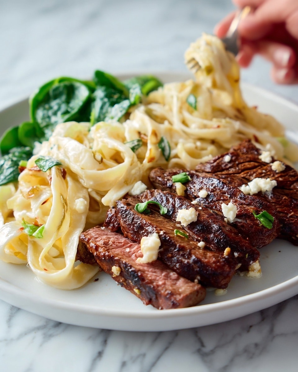 Steak Fettuccine Alfredo with Gorgonzola, Sun-Dried Tomatoes, and Spinach Recipe