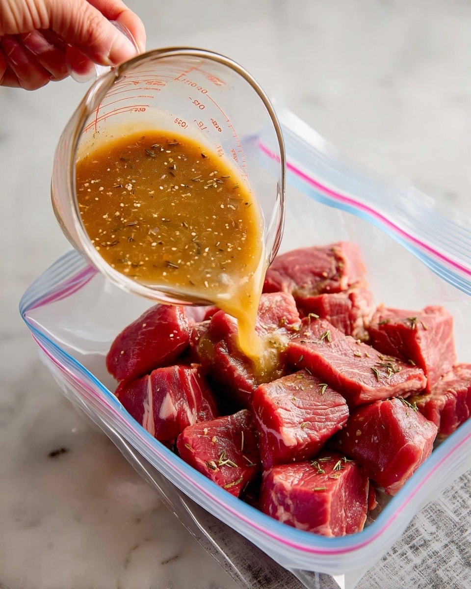 The image shows raw red meat pieces inside a clear plastic zipper bag. A woman's hand is holding a transparent glass measuring cup, pouring a light brown marinade with visible herbs and spices evenly over the meat. The setup is on a white marbled surface, with the bag partially open to show the meat and marinade clearly. The marinade has a smooth texture with small bits floating, covering the meat in a thin layer. Photo taken with an iphone --ar 4:5 --v 7