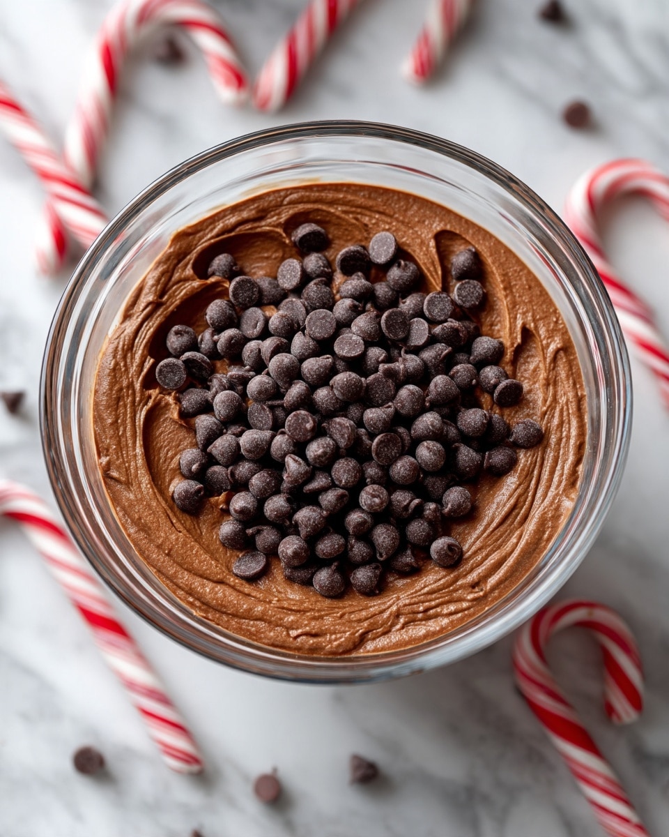 A clear glass mixing bowl on a white marbled surface holds a thick, smooth chocolate mixture. On top of the mixture, there is a pile of small, dark chocolate chips scattered in the middle. Around the bowl are a few candy canes placed casually. The scene is lit softly to highlight the texture of the chocolate mix and chips. Photo taken with an iphone --ar 4:5 --v 7