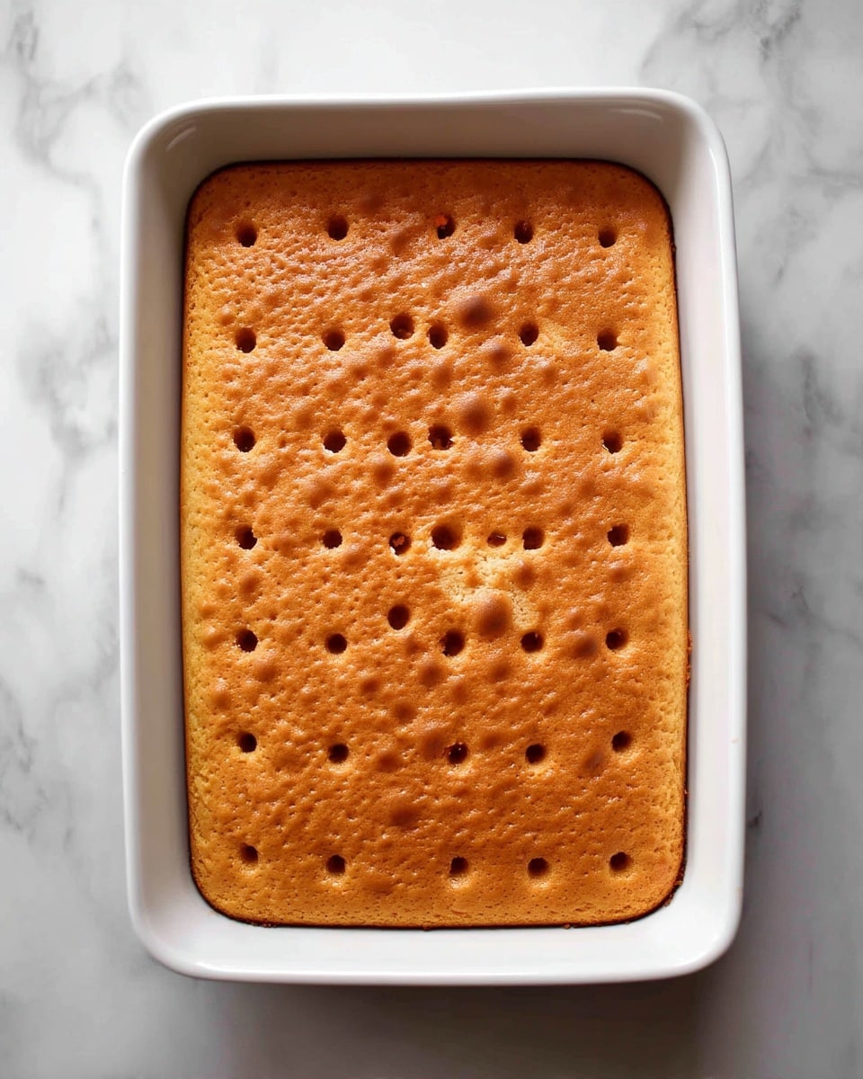 A rectangular white baking dish filled with a single layer of golden brown cake. The top surface is smooth and evenly baked, with small round holes evenly spaced in a grid pattern across the entire cake. The dish sits on a white marbled surface. photo taken with an iphone --ar 4:5 --v 7