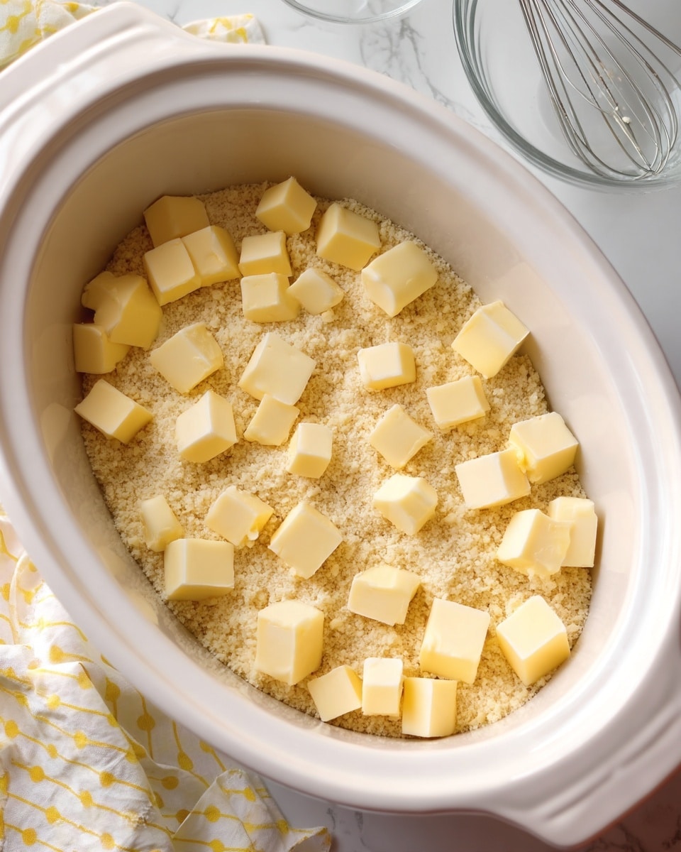 The image shows a white oval slow cooker filled with a dry flour mixture topped with many small cubes of pale yellow butter evenly spread across the surface. The flour looks finely ground and light beige with some clumps. The slow cooker sits on a white marbled surface with a yellow and white patterned cloth partially visible in the top left corner and a clear glass bowl with a metal whisk in the top right corner. photo taken with an iphone --ar 4:5 --v 7