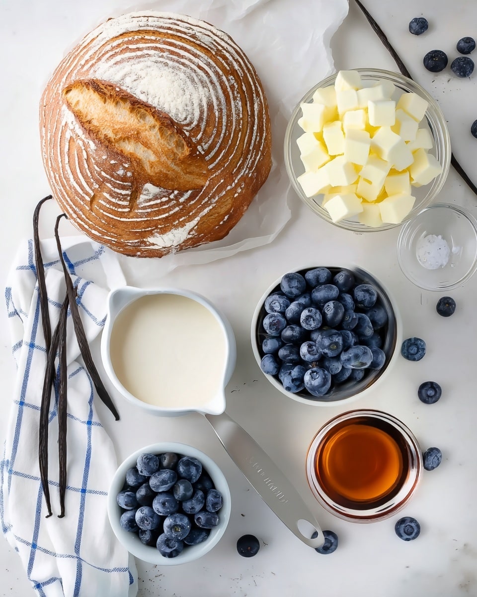 The image shows a flat lay of ingredients on a white marbled surface. At the top left, there is a round loaf of bread with a brown crust and white flour dusted in a spiral pattern. Near the center top, a clear glass bowl holds many small white cubes of butter. Below that, slightly to the right, is a small white bowl filled with fresh, plump blueberries. A small glass bowl with a little white salt is placed beside the bowl of blueberries. To the left of the blueberries, a white measuring cup filled with white milk is angled slightly to the right. Below it, another small white bowl contains more blueberries. On the bottom right side, a clear glass bowl holds golden brown maple syrup. Scattered around the bowls and cups are a few loose blueberries. There are also two long vanilla pods lying diagonally to the left, next to a white cloth with blue stripes, adding texture to the setup. photo taken with an iphone --ar 4:5 --v 7