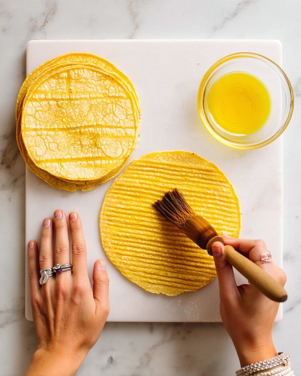 The image shows a white cutting board on a white marbled surface with a stack of yellow corn tortillas on the left side. Two corn tortillas lie flat on the board, with one being brushed with a clear yellow liquid by a woman's hand holding a brown brush. Another woman's hand, wearing rings on the fingers, is steadying the tortilla being brushed. A small clear glass bowl filled with the yellow liquid is placed near the top right corner of the cutting board. The tortillas have a textured, slightly rough surface with visible lines and a light golden color. photo taken with an iphone --ar 4:5 --v 7
