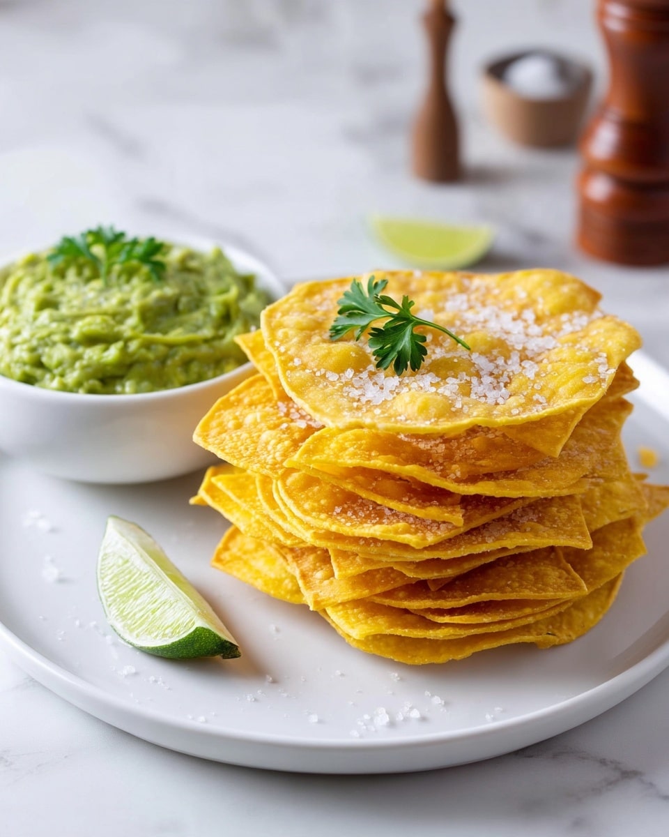 A white plate is filled with a layered stack of golden yellow tortilla chips, each chip showing a crispy, slightly bumpy texture with some salt flakes scattered on top. On the left side of the plate, there is a white bowl filled with smooth green guacamole, garnished with bright green parsley leaves. The plate rests on a white marbled surface with a small lime wedge visible at the bottom right corner. In the blurred background, there is a wooden pepper grinder and a salt shaker. Photo taken with an iphone --ar 4:5 --v 7