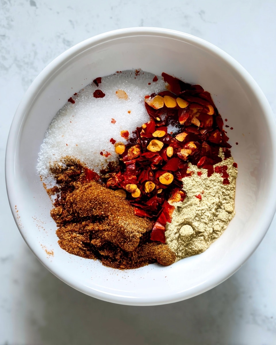 A white bowl holds four layers of spices arranged separately inside it. The top-left layer is white salt with a grainy texture. To the right of the salt is a layer of red chili flakes with yellow seeds, adding a rough and uneven texture. Below the chili flakes is a light beige powder with a smooth and fine texture. The last layer, positioned below the salt and to the left of the beige powder, is a brown spice with a coarse texture. The bowl sits on a white marbled surface. photo taken with an iphone --ar 4:5 --v 7