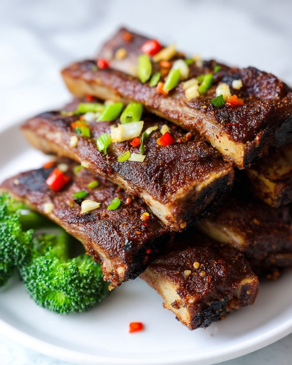 A white plate holds a stack of well-cooked ribs arranged in layers, showing a dark brown, slightly crispy surface with visible seasoning bits like chopped green and red peppers and small pieces of garlic scattered on top. The ribs have charred edges and a textured, juicy look, with the bones peeking through. The plate is set on a white marbled surface, with a small part of green broccoli visible near the bottom left corner. The image has a close-up focus on the ribs, showing detailed texture and color. photo taken with an iphone --ar 4:5 --v 7