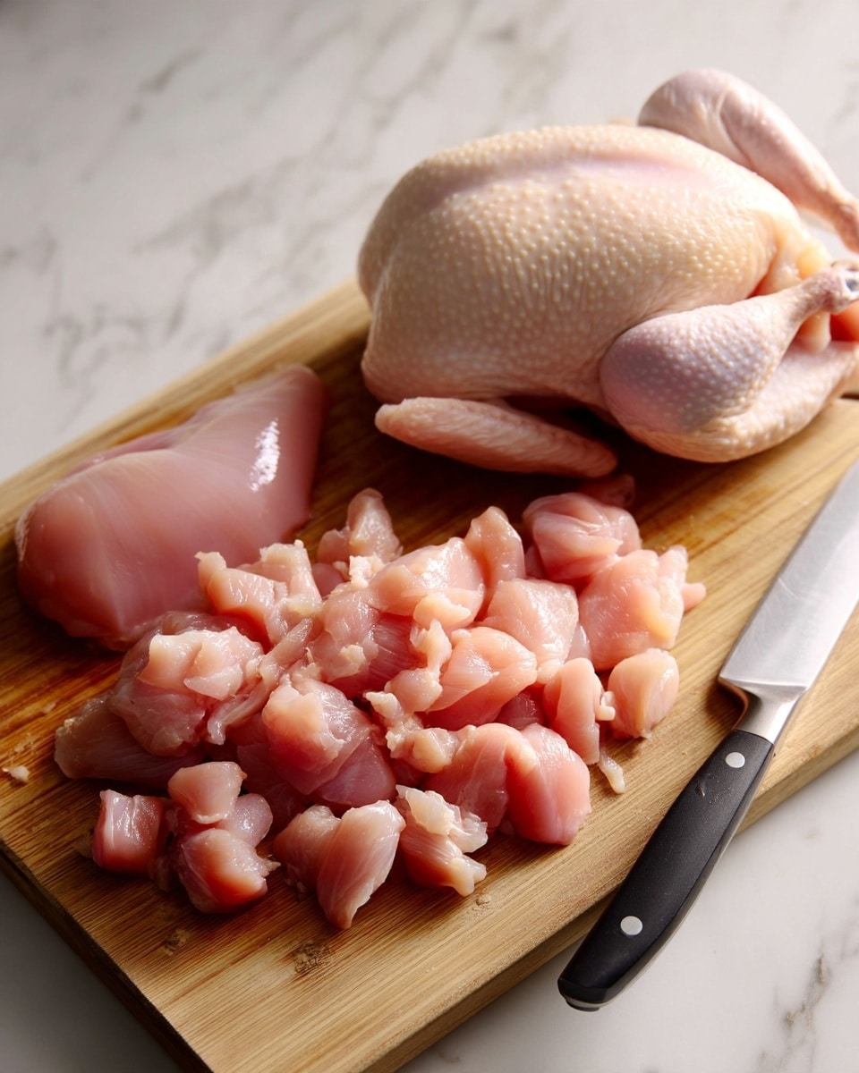 The image shows a wooden cutting board on a white marbled surface with raw chicken pieces being sliced. There is a whole raw chicken piece on the right side, and a pile of finely chopped chicken pieces on the left. A knife is cutting the raw chicken into small pieces in the lower center of the board. The light pink chicken pieces have a moist and smooth texture. Photo taken with an iphone --ar 4:5 --v 7
