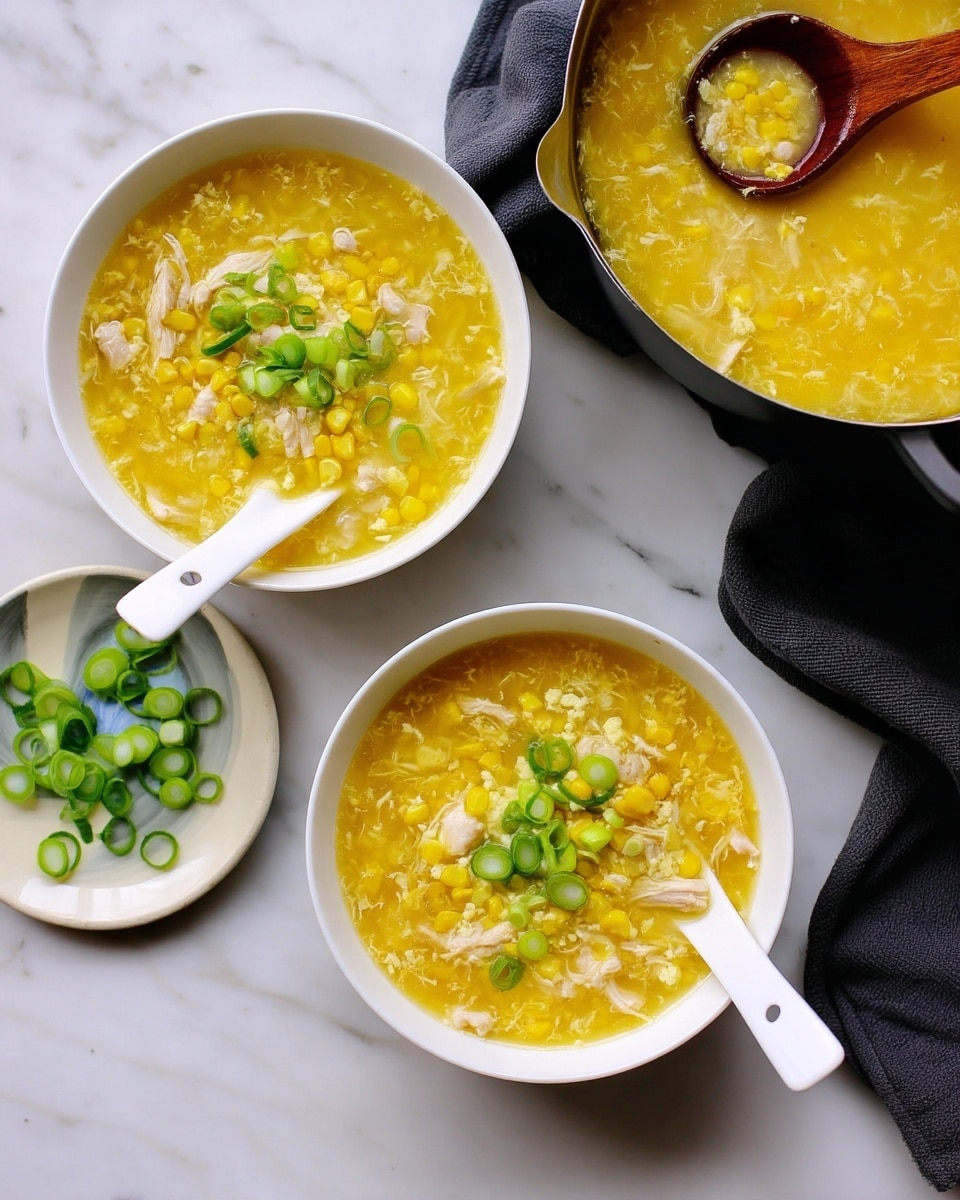 The image shows two white bowls filled with yellow corn soup containing small pieces of white chicken and bits of corn, topped with green sliced spring onions. Each bowl has a white spoon resting inside with soup and spring onion on it. A white plate with more sliced green onions is placed to the side. In the background, there is a pot filled with the same yellow soup, with a wooden ladle scooping some soup, showing the texture of corn and torn chicken pieces. The bowls and pot are set on a white marbled surface with a dark cloth nearby. Photo taken with an iphone --ar 4:5 --v 7