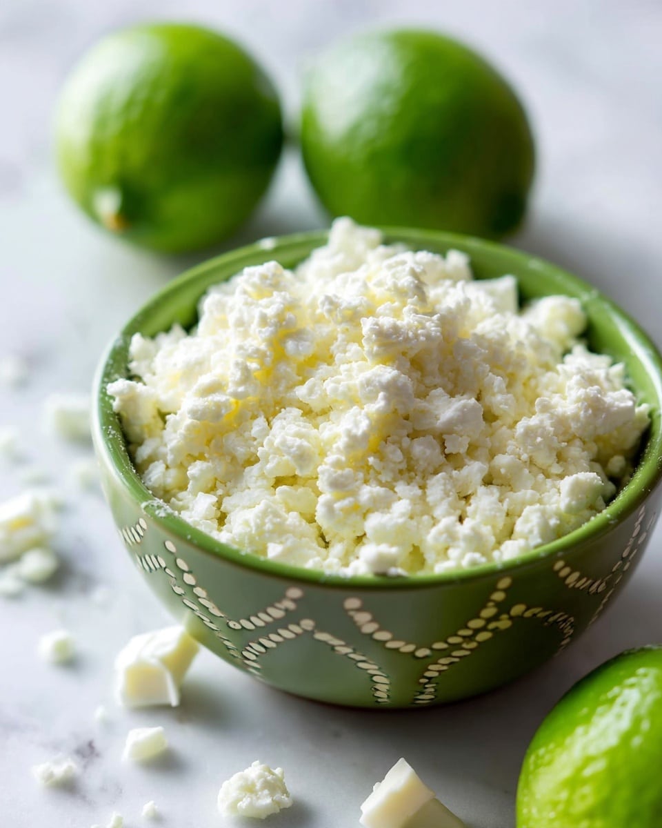 A green bowl filled to the top with white crumbled cheese that has a soft, slightly rough texture, the pieces are uneven in size and shape. Around the bowl, on a white marbled surface, there are three whole bright green limes placed randomly, slightly out of focus in the background. Some small bits of the white cheese are scattered around the bowl on the surface, adding a casual feel. The lighting is soft and natural, making the white cheese look fresh and the green limes vibrant. photo taken with an iphone --ar 4:5 --v 7