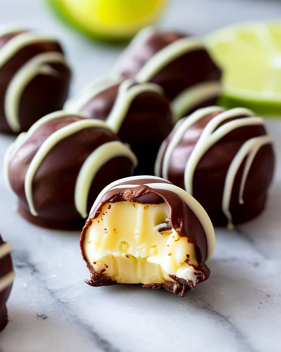 The image shows a close-up of seven round chocolate-covered truffles on a white marbled surface. Each truffle is coated in dark chocolate with three thin white chocolate stripes running diagonally across the top. One truffle in the front is bitten, revealing a smooth creamy light yellow filling inside, contrasting with the thicker dark chocolate shell. In the background, there is a partially visible slice of a lime adding a pop of green color. The focus is sharp on the truffles with a soft blurred background, giving a fresh and inviting look. photo taken with an iphone --ar 4:5 --v 7
