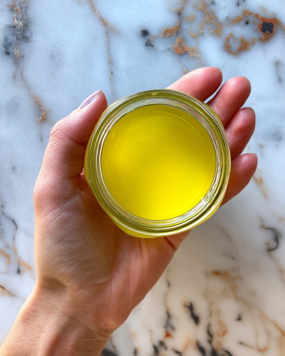 A woman's hand is holding a glass jar filled with smooth, bright yellow liquid. The jar is shown from above, clearly showing the shiny and even surface of the liquid inside. The background is a white marbled texture with some worn and rusty spots, giving a contrast to the clean, yellow liquid in the jar. photo taken with an iphone --ar 4:5 --v 7