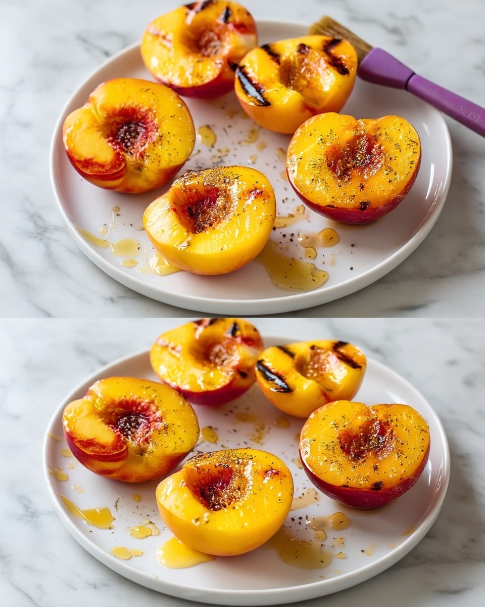 A white plate on a white marbled surface holds six peach halves with the pit removed, arranged neatly. The peaches are golden-yellow with hints of red near the edges and have a few drops of honey drizzled on top, along with a light sprinkle of black pepper. In the next image, the same six peach halves are grilled, showing dark grill marks across each half, creating a contrast with the bright yellow-orange flesh. A small pool of honey is also visible on the plate. A purple basting brush with a black handle is placed above the plate in both images. Photo taken with an iphone --ar 4:5 --v 7