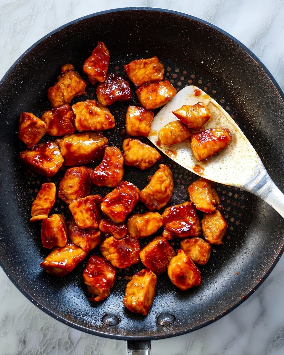 Small pieces of golden brown cooked meat with a shiny glaze are seen inside a dark frying pan. The meat pieces are scattered mostly on the left side of the pan and have crispy edges with a rich caramel color. A light gray spatula with some stains rests on the right side of the pan, partially lifting some pieces of the meat. The frying pan is placed on a white marbled surface, adding a clean and bright background to the scene. Photo taken with an iphone --ar 4:5 --v 7