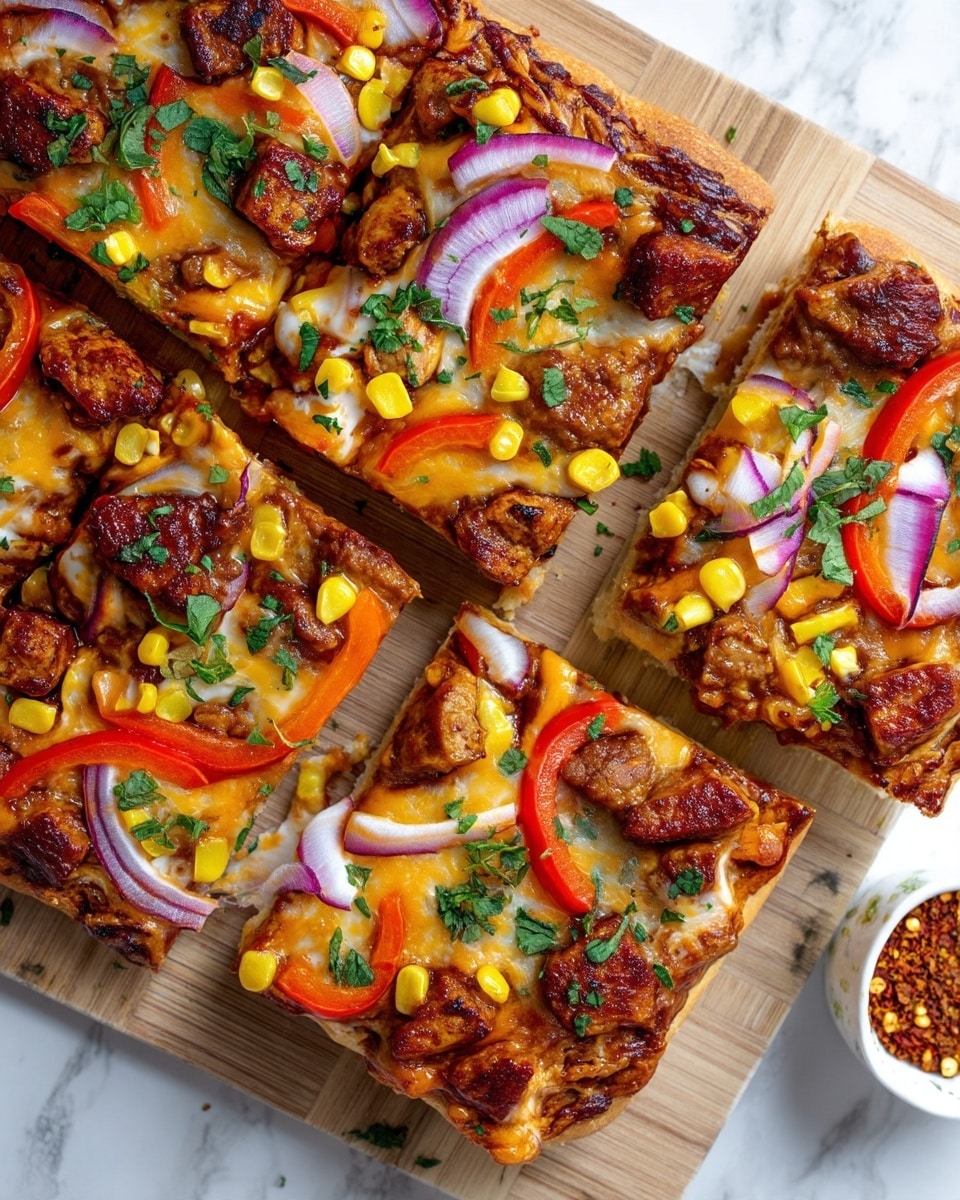 This image shows a pizza cut into squares on a wooden board with a white marbled surface beside it. The pizza has a golden crust base with melted melted cheese as the first layer. On top of the cheese, there are chunks of browned meat, bright yellow corn kernels, thin slices of red bell pepper, and rings of red onion. Fresh green herbs are sprinkled over the top, adding a fresh look. The cheese is melted and slightly pulls away from the pieces, giving a soft texture. A small white bowl filled with red chili flakes sits near the bottom right corner of the frame. Photo taken with an iphone --ar 4:5 --v 7