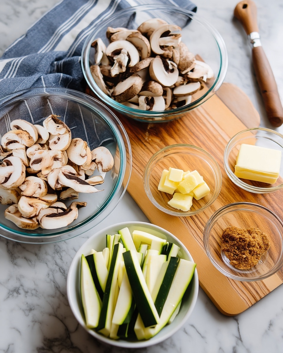 The image shows a clear glass bowl on the left filled with sliced white and brown mushrooms. In front of it, there is a white bowl holding sliced green zucchini sticks. To the right, a wooden cutting board holds four small clear glass bowls with different ingredients: minced garlic, a square piece of butter, brown sugar, and a yellow spice. The surface is a white marbled texture, and a folded blue and white striped cloth is placed behind the cutting board. A woman's hand with a wooden utensil is partially visible on the left. Photo taken with an iphone --ar 4:5 --v 7