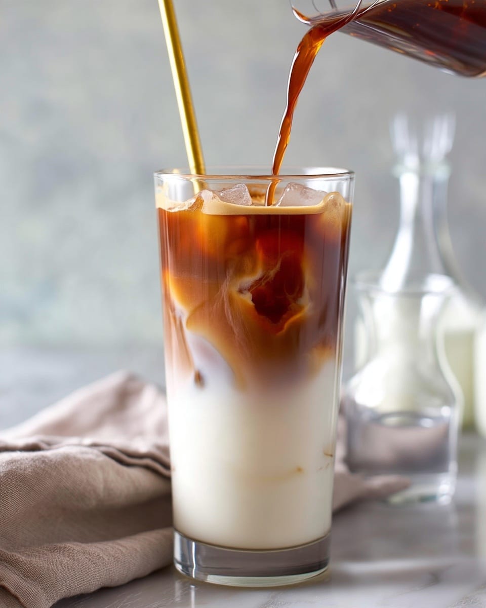 A clear tall glass filled with three visible layers: the bottom layer is a smooth white milk, the middle layer is ice cubes with some milk blending around them showing a light beige color, and the top layer is dark brown coffee being poured from a clear measuring cup, creating swirling patterns where it meets the ice and milk below. A shiny gold metal straw stands upright inside the glass. The glass is on a white marbled surface with a beige cloth draped beside it. In the background are two glass bottles blurred softly, enhancing the focus on the drink. Photo taken with an iphone --ar 4:5 --v 7